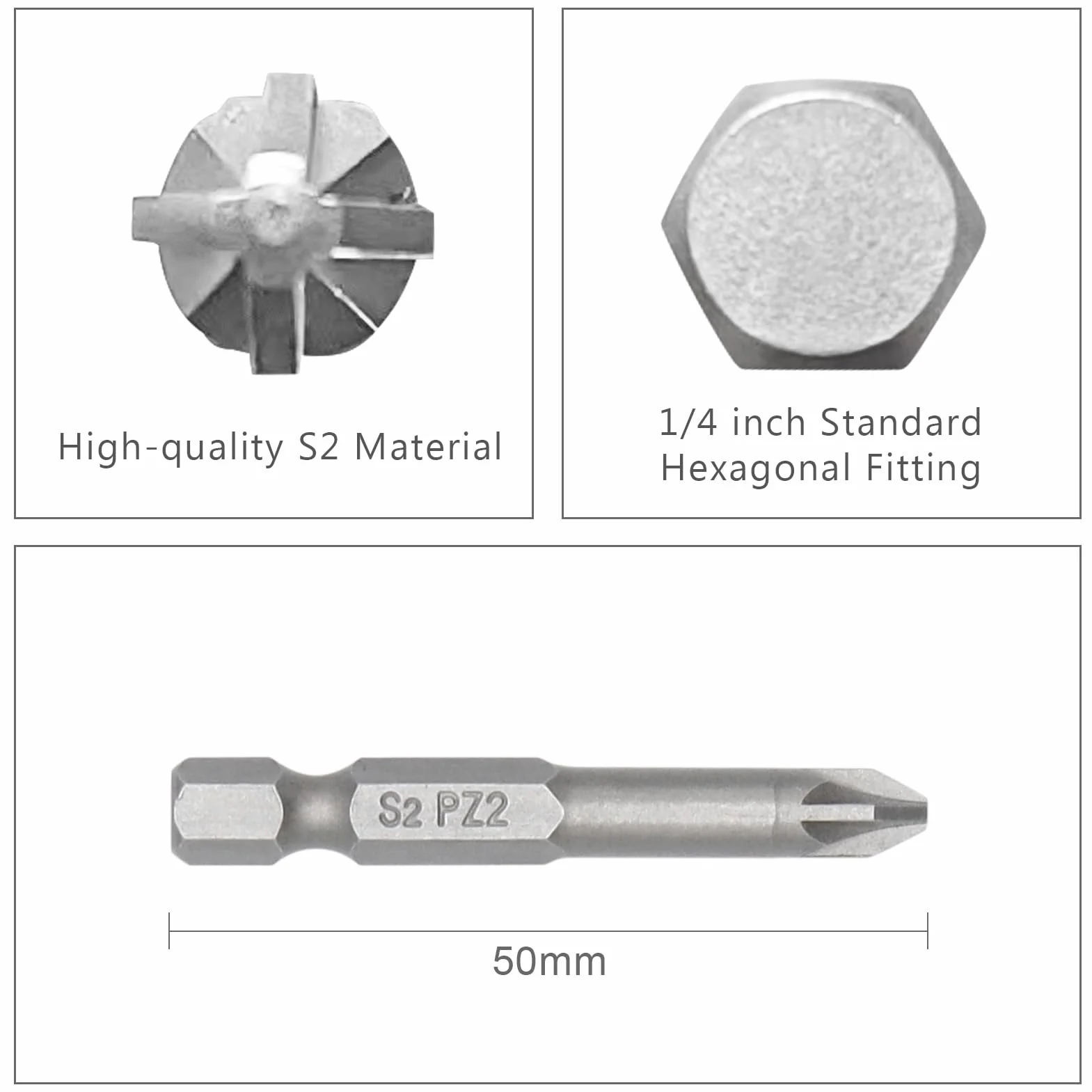 DAKCOS Juego de Puntas de Destornillador de PZ2 de 10pc Puntas Phillips, acero S2, 50mm de longitud