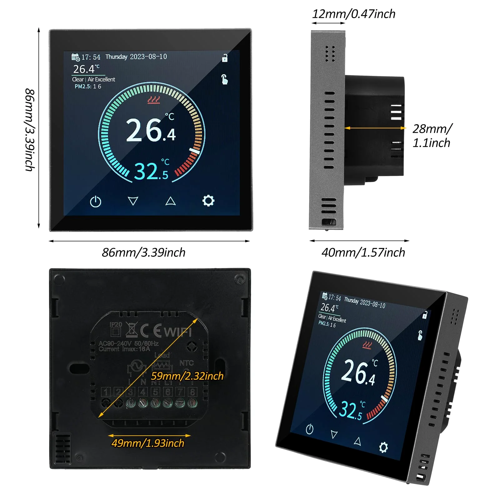Aramox HYT001 Termostato Inteligente Controlador de Temperatura WiFi Pantalla Táctil TFT 41 a 95F Semanal Programable Precisión de 0.9F Control de Aplicación para el Hogar, Escuela, Oficina,