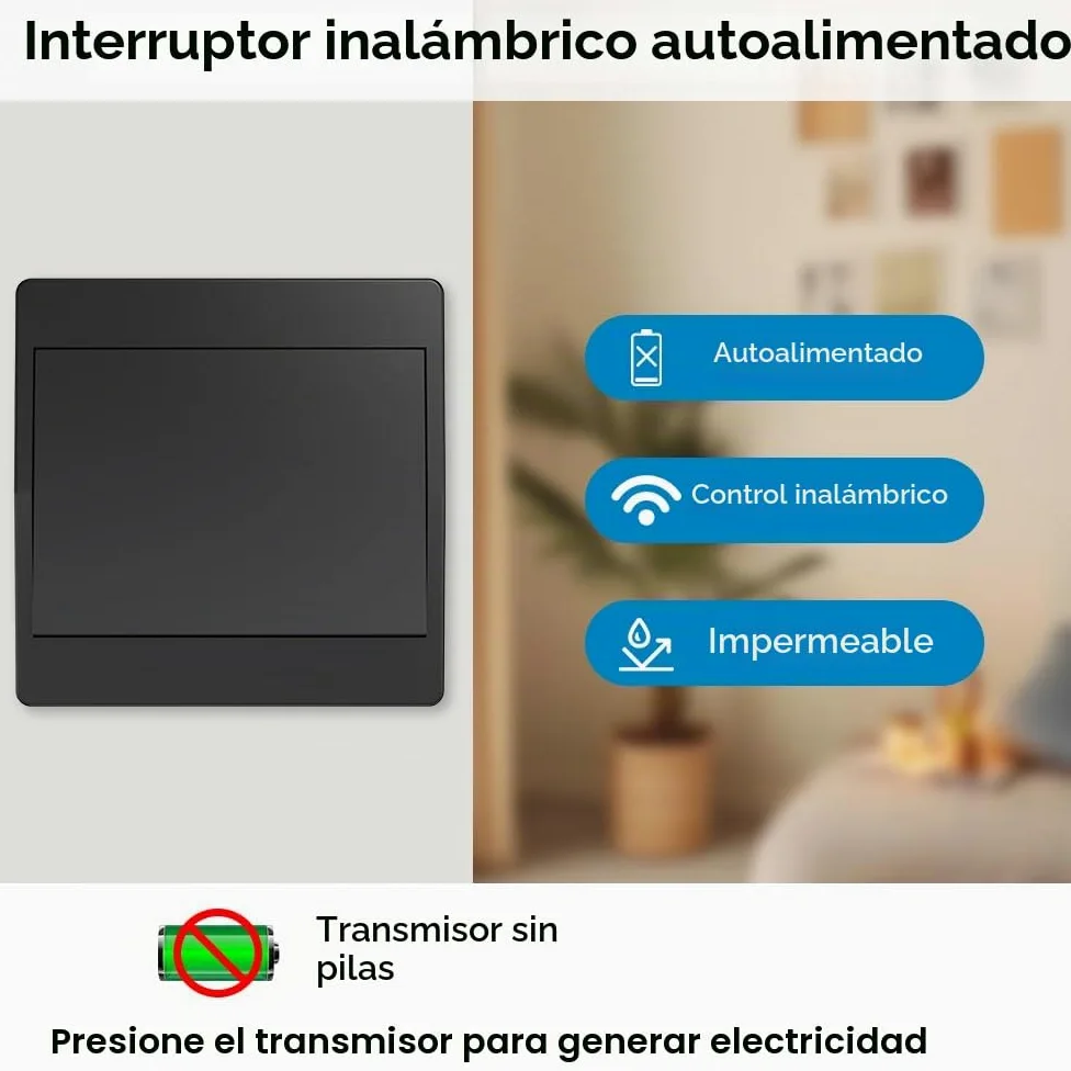 interruptor inalámbrico cinético negro RF interruptores inalámbricos de control simple y doble sin batería mando a distancia radio interruptor inalámbrico (Negro 1Gang 1V1 EU)