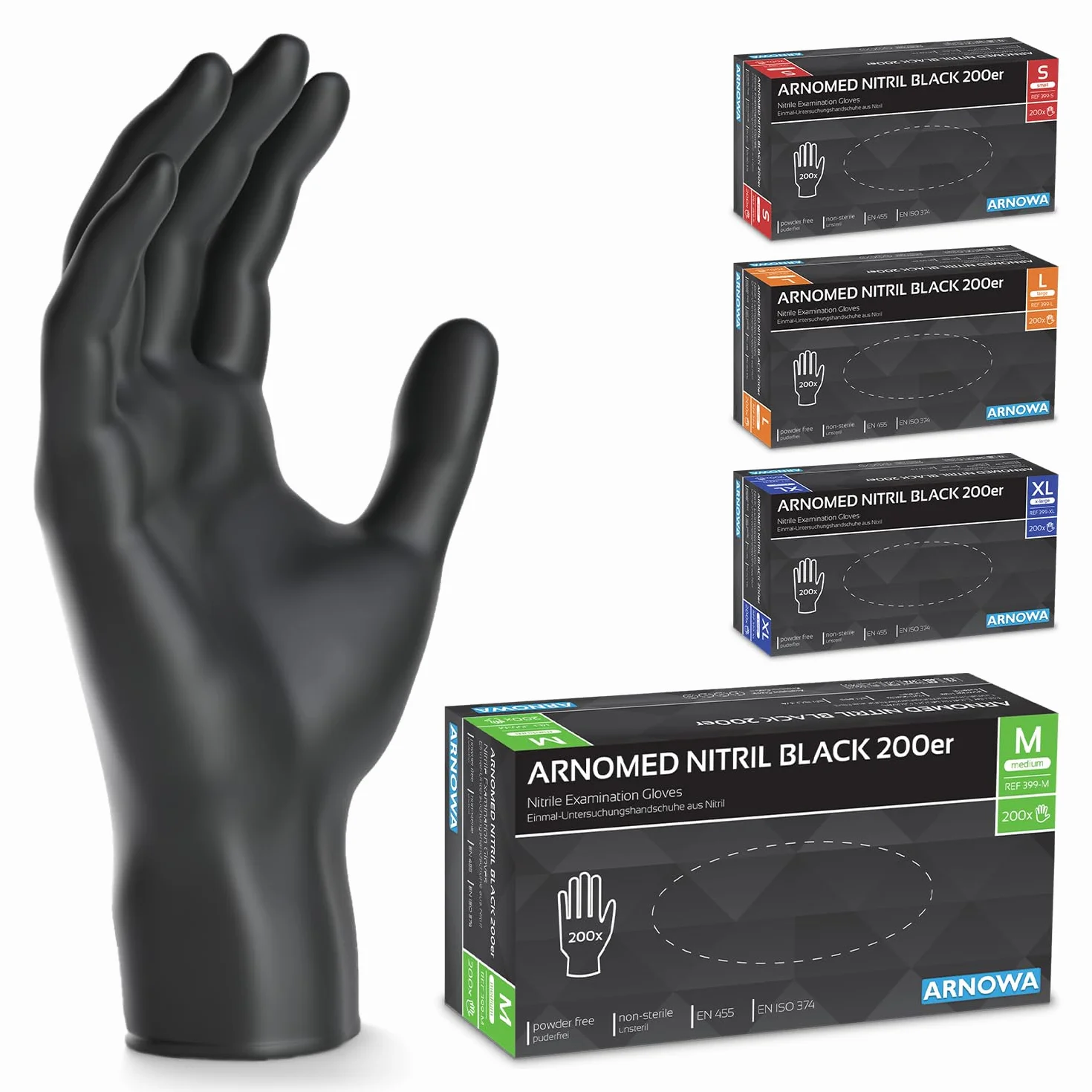 ARNOMED Guantes nitrilo M, 200 uds/caja, guantes nitrilo talla S, M, L o XL, guantes nitrilo negro, guantes de nitrilo sin polvo y látex, guantes negros nitrilo, guante nitrilo, guantes nitrilo negros