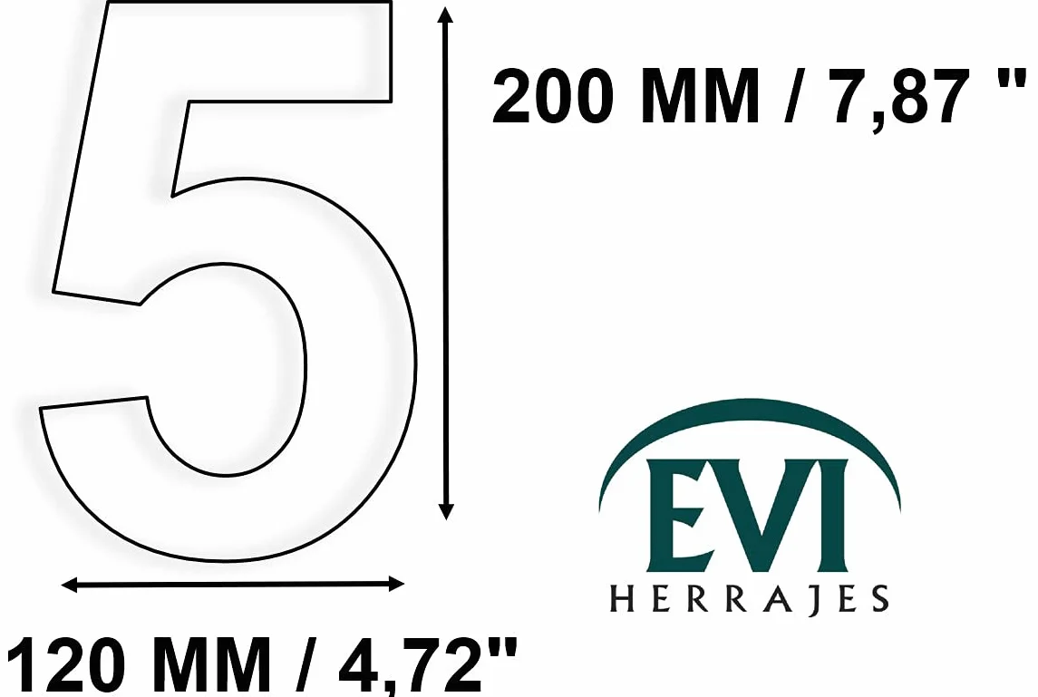 EVI Herrajes | Número Adhesivo para Casas | Nº 5 | Altura 200mm | Acero Inoxidable | Para Paredes, Fachadas, Portales o Puertas | Para Exterior e Interior | Mod. I-200AM-5