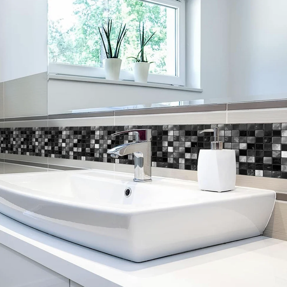 neukids Borde de pared de mosaico negro para despegar y pegar, borde de rodapiés, bordes de pared, sala de estar, dormitorio, baño, cocina, decoración de papel tapiz