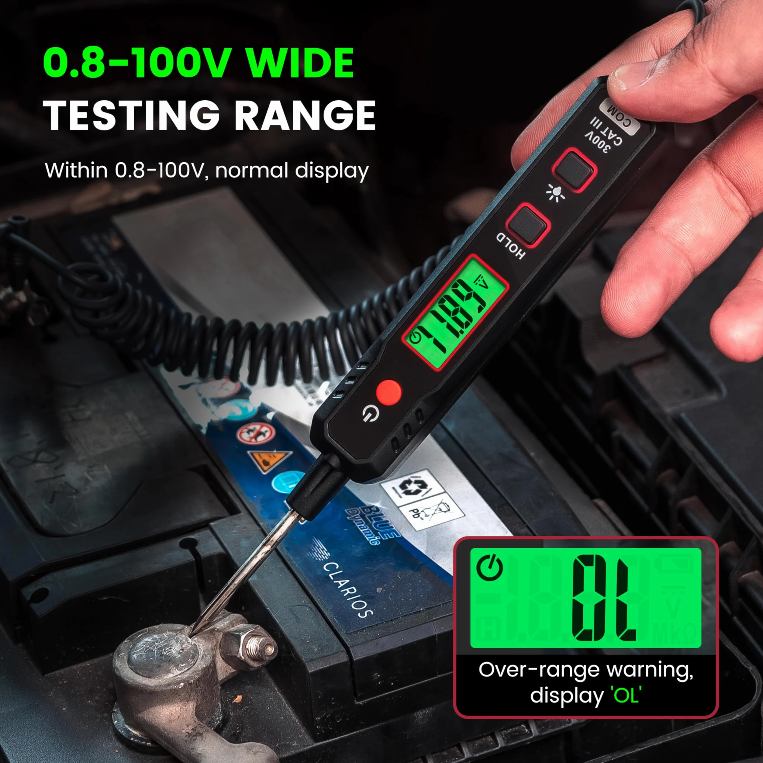 KAIWEETS Lápiz Comprobador de Voltaje para Coche, 0.8V-100V DC, Lámpara de Prueba Digital con Luz de Fondo