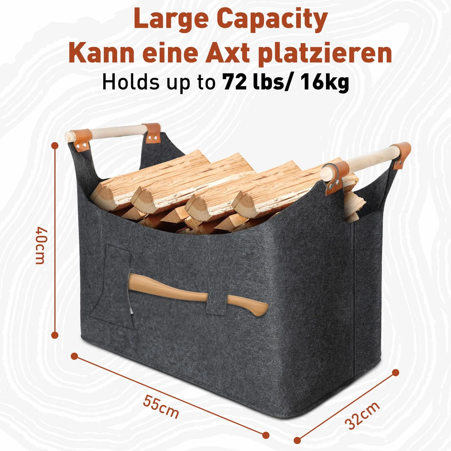 2025 Nuevo Canasta De Leña 55 x 40 x 32 cm 70L, El hacha se puede colocar, Cestas De Fieltro Súper Gruesas Y Manijas De Madera Maciza, Cesto Leña, Fieltro De Bolsa De Leña Plegable