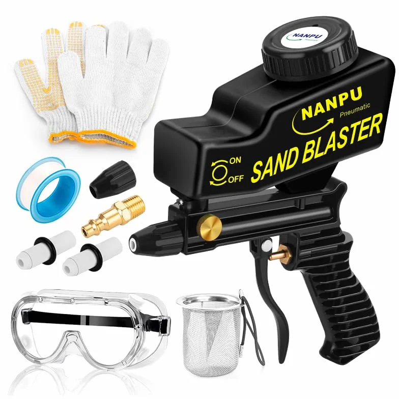 NANPU Kit de pistola de chorro de arena de aire ligero con alimentación por gravedad, boquilla de cerámica, cuerpo de metal, para preparación de superficies de proyectos pequeños, eliminación de