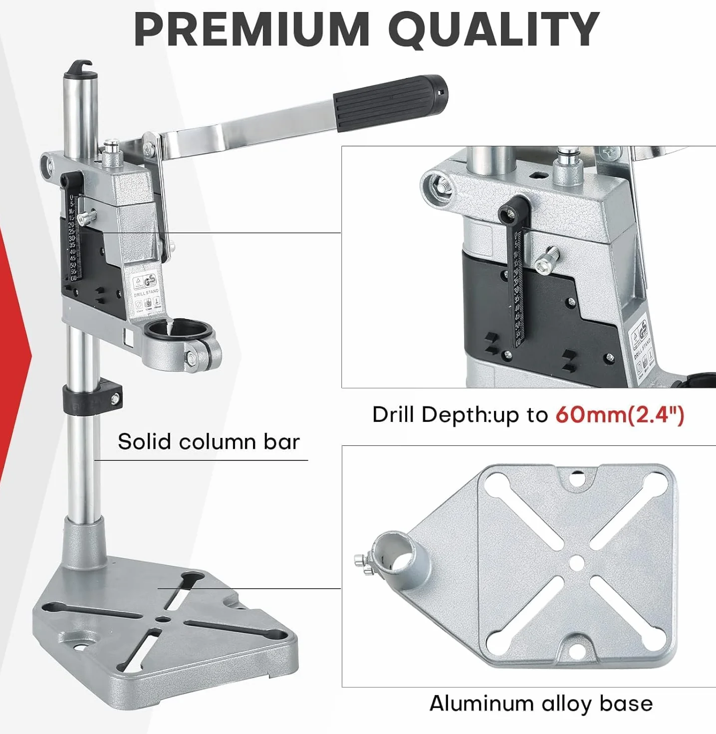 Soporte Multifunción Ajustable para Taladro de Columna Vertical con Guía de Taladro - Diámetro de Sujeción de 43 mm y Mordazas Planas para Perforaciones Precisas