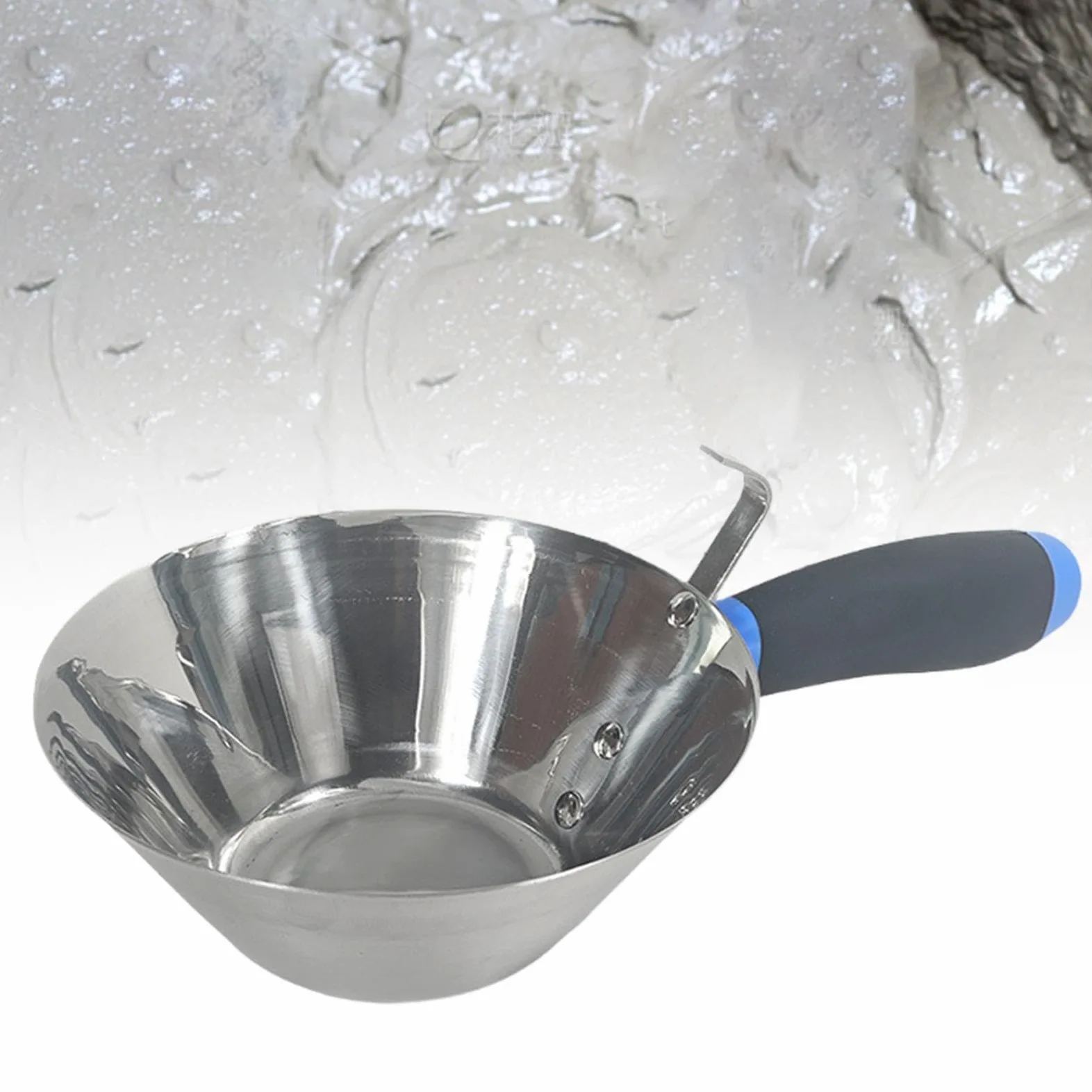 Milageto Cubo de acero inoxidable con pala, resistente, mango cómodo, herramienta para enlucido, bandeja para barro para proyectos de bricolaje de albañilería