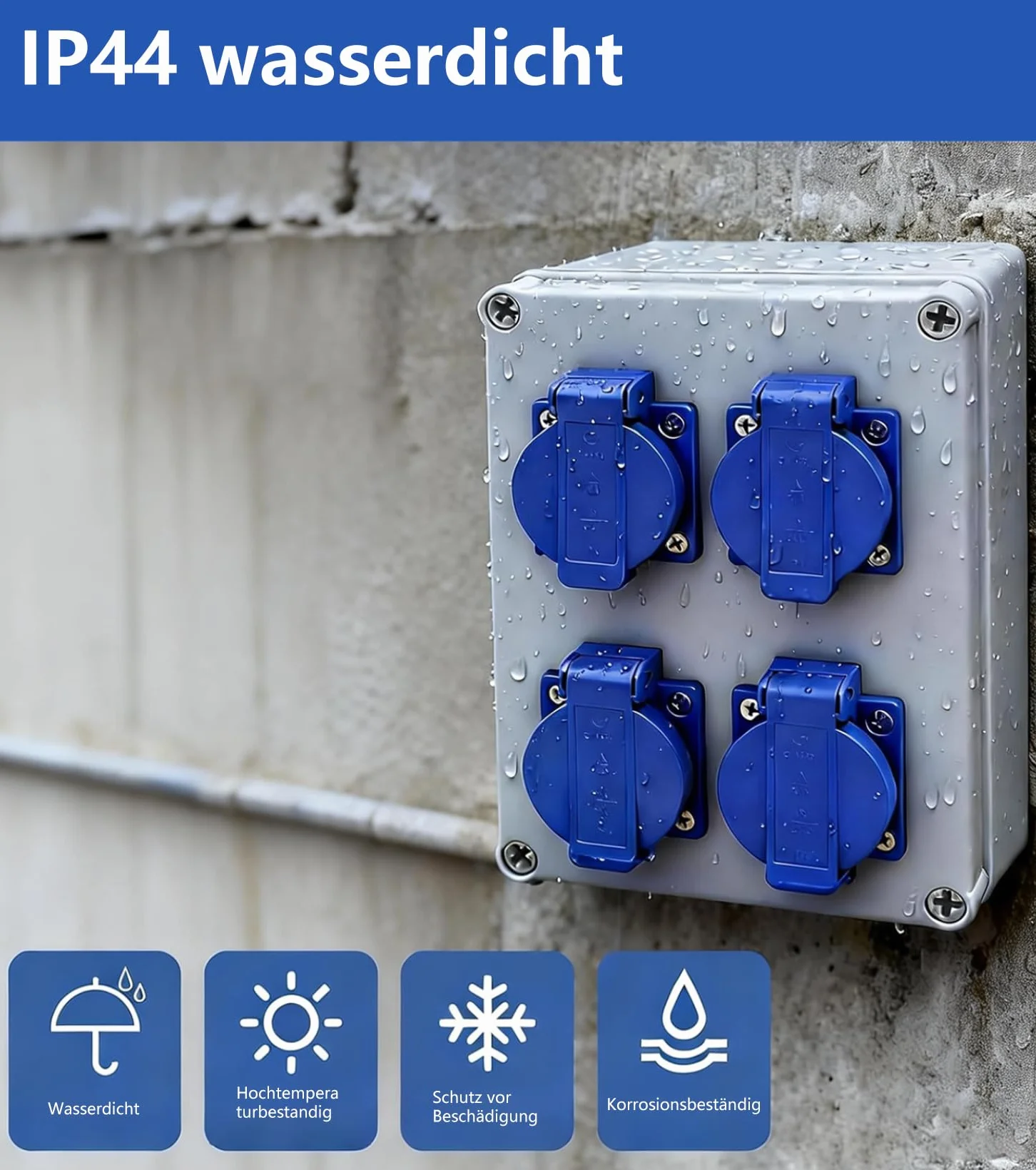 Distribuidor de pared para construcción, con 4 enchufes de 230 V 16 A, enchufe Schuko, IP44 para obras, hogares, industria, interior y exterior
