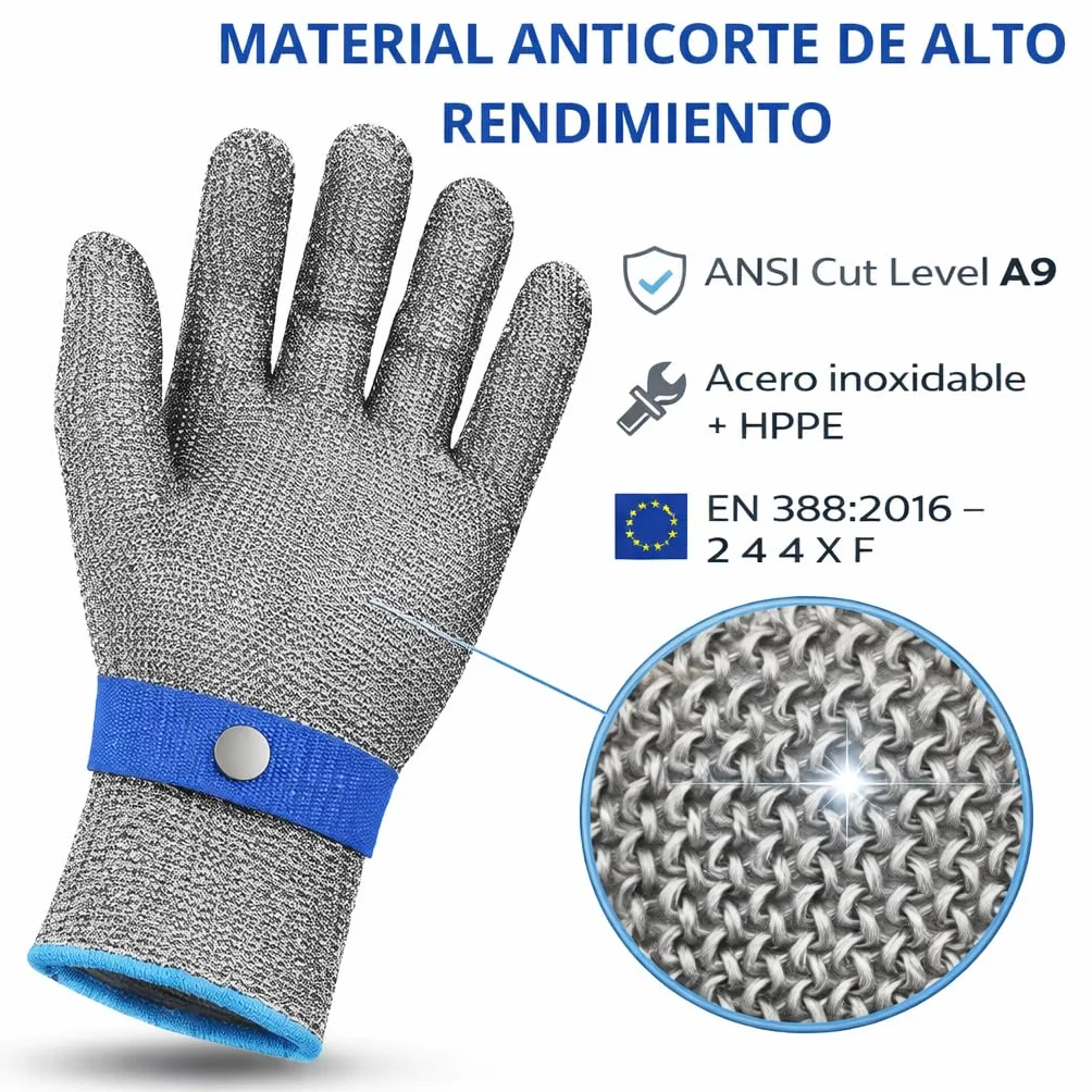 Guantes anticorte cocina ANSI A9 CE EN 388 2016 2 4 4 X F protección palma dorso dedos muñeca XL