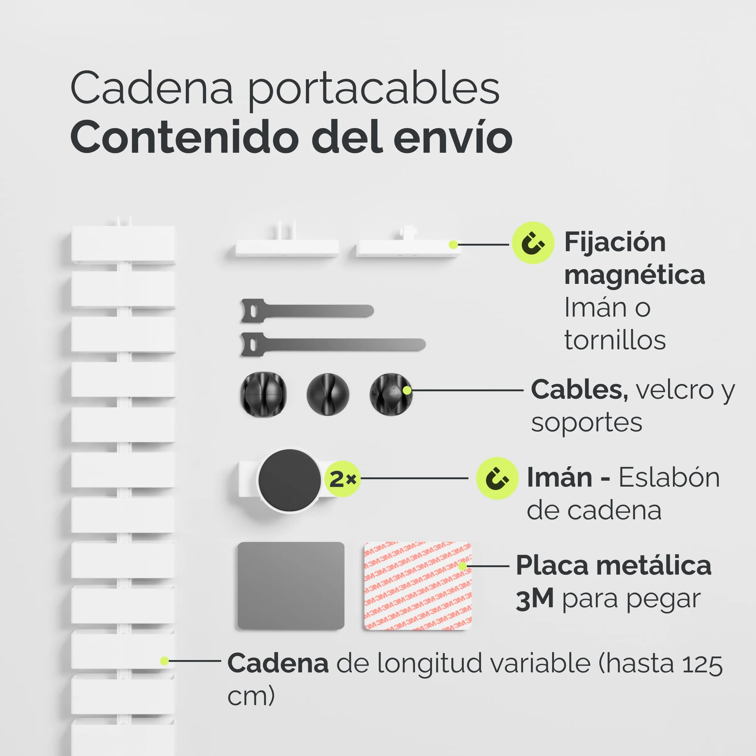 VALU Organizador de Cables Escritorio Premium – Cable Management 128 cm Flexible para Escritorio Regulable – Montaje con Tornillos o Adhesivo – 4 imanes y 3 organizadores incluidos