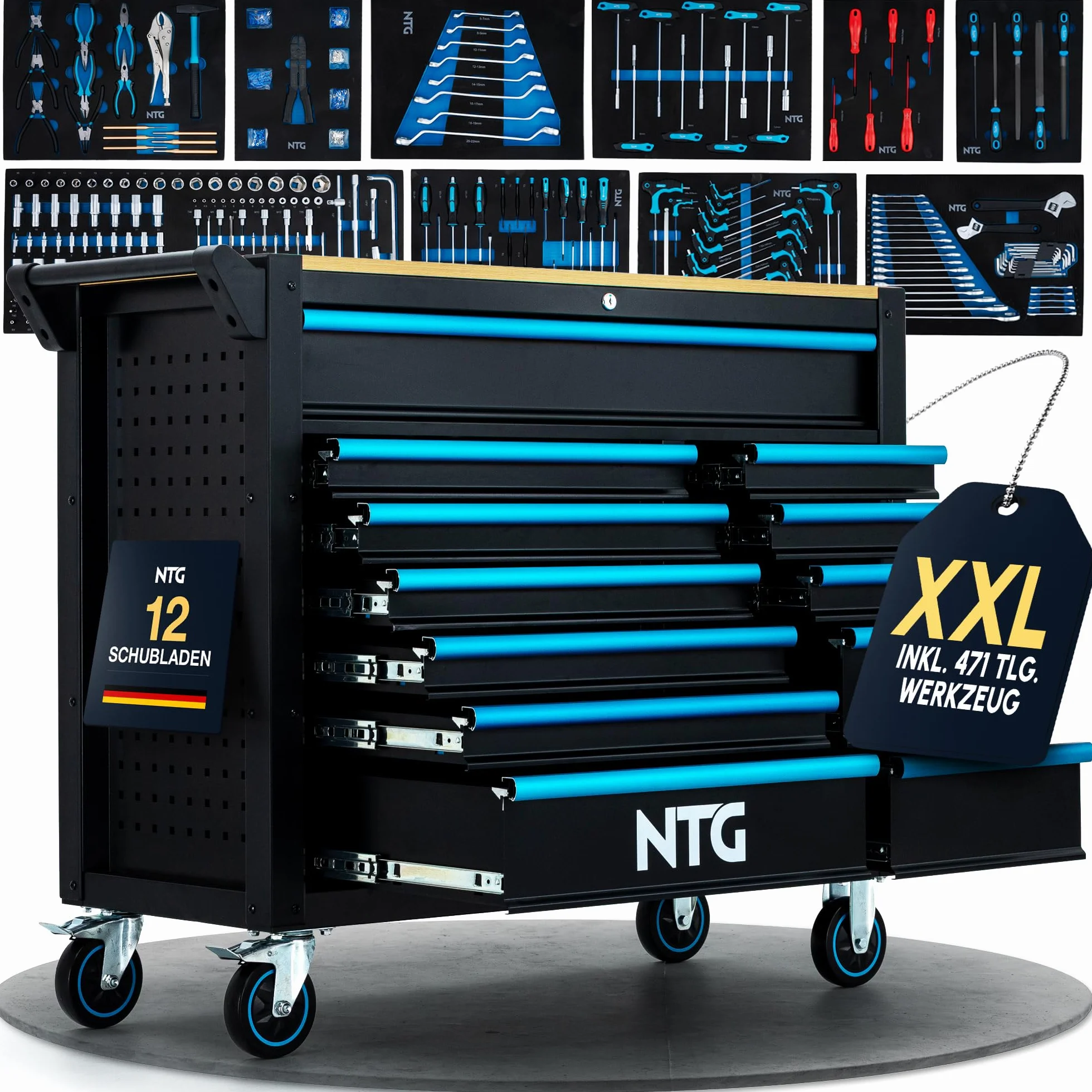 NTG Carro de herramientas XXL 471 piezas 12 cajones con tablero de trabajo de madera con llave móvil sobre ruedas Gabinete profesional de metal para garaje y taller
