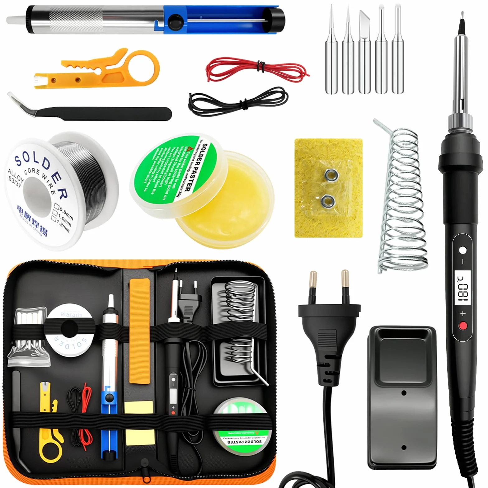 Kit de soldador 100 W, LCD, temperatura ajustable de 180 a 520 °C, soldador de estaño, 16 en 1, soldadura electrónica de precisión con 50 g de hilo de soldadura, 5 puntas de soldador, bomba de