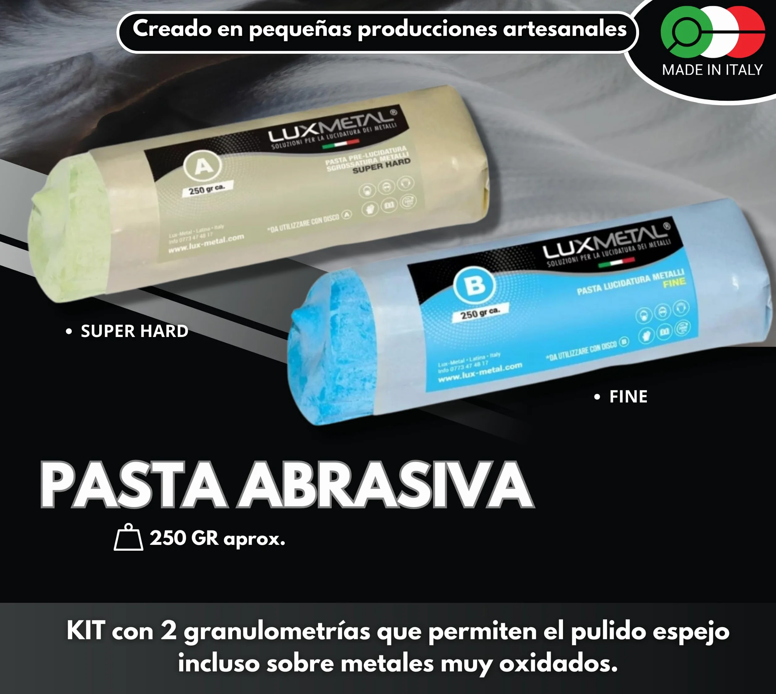 Lux Metal - Kit de Pulido 2 Pasta de Pulido Abrasiva de 250 g y 2 Discos de Pulido 100 mm Sisal Algodón Discos Broca para Pulir Metales Acero Inoxidable Aluminio Set de Pulido Latón Cobre Rueda