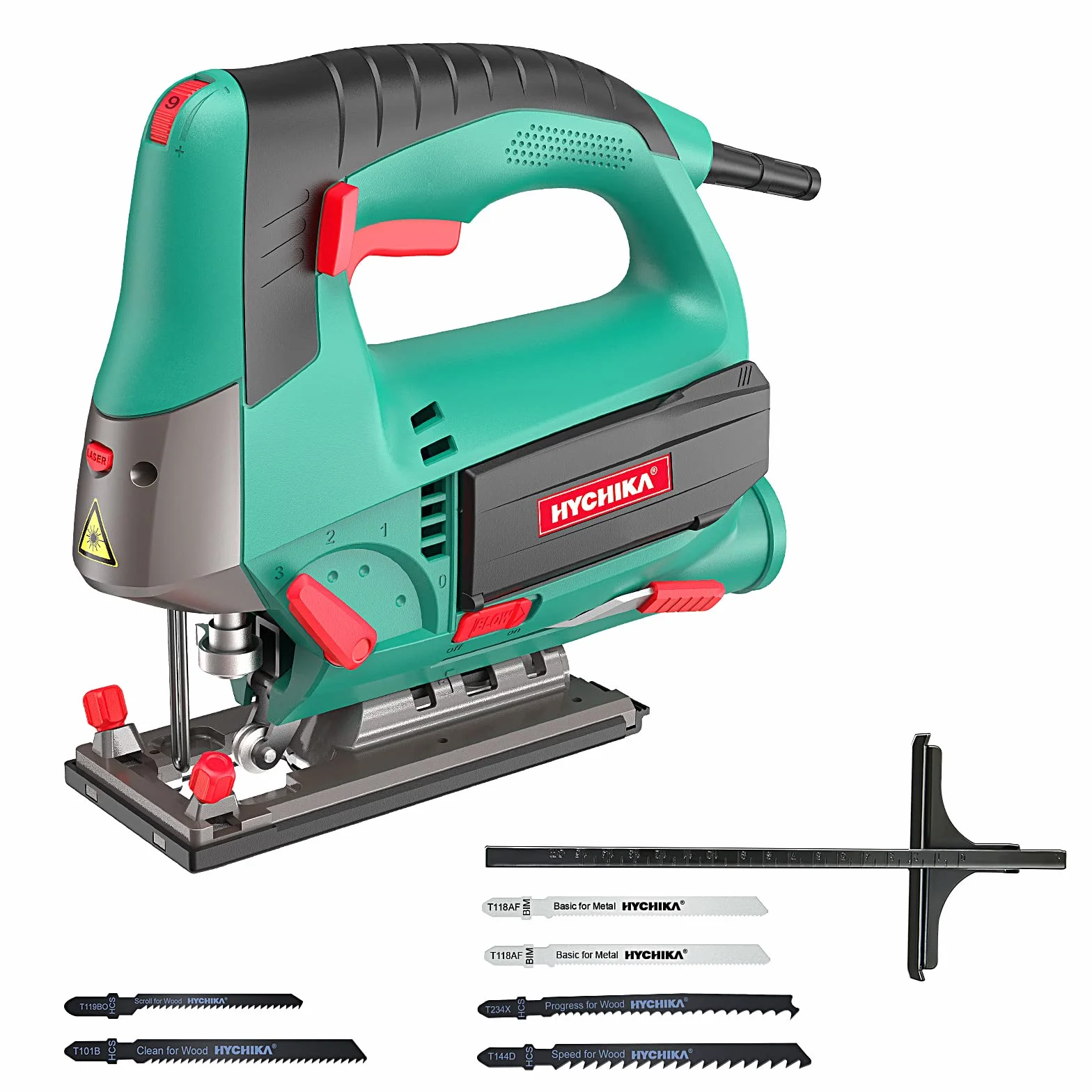HYCHIKA Sierra de Calar, 110mm, 800W 800-3000SPM, Velocidad Ajustable (1-6), 4 Modos de Corte, Corte -45º a 45º, Caja Magnética de Hoja, Cortar Madera Metal Plástico