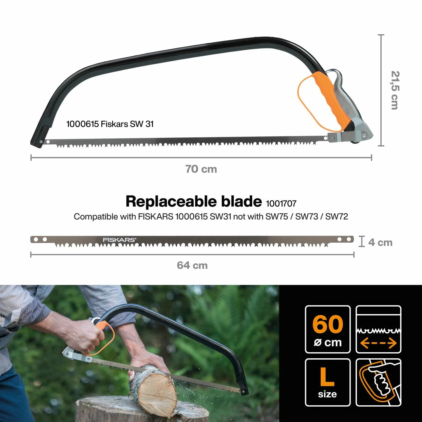 Fiskars Sierra de arco para madera verde, Cuchilla fija, 70 cm, Acero, Negro/Naranja, SW31
