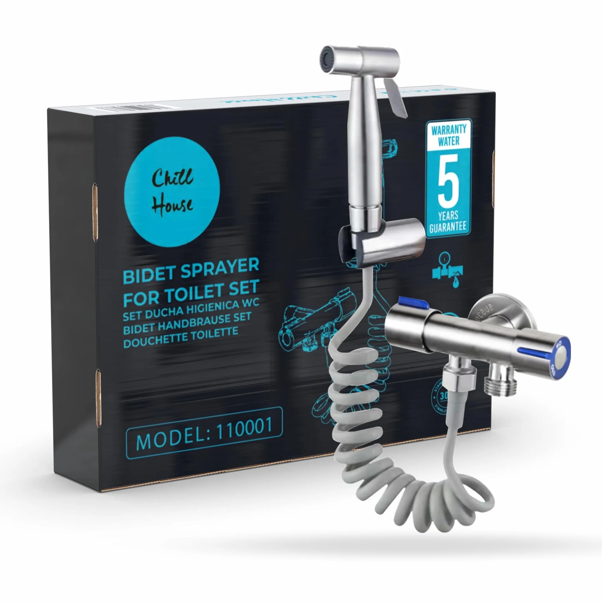 CHILL HOUSE Ducha Higienica para WC en Acero Inox con Grifo bidet, Manguera y Ducha bidet para Inodoro Completo - Grifo para WC con Ducha inodoro para Duchas Higienicas