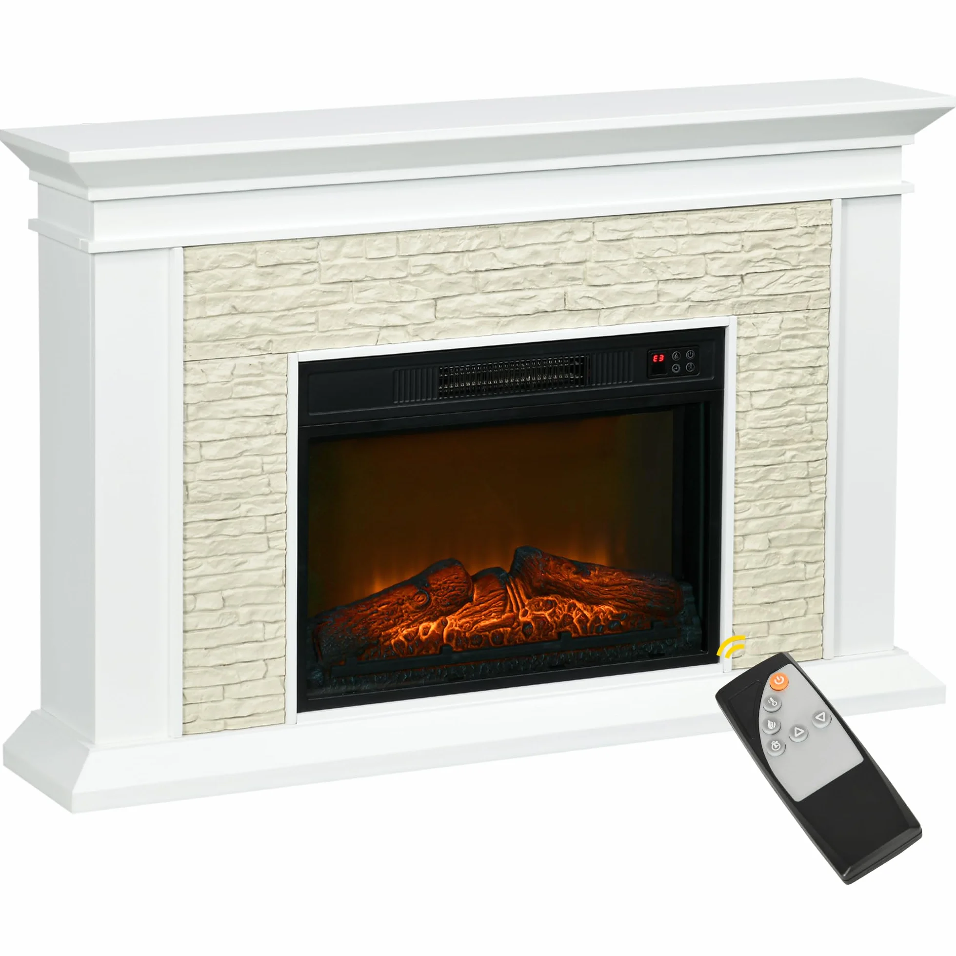 HOMCOM Chimenea Eléctrica con Calefacción 1800W Chimenea Decorativa Bajo Consumo Efecto de Llama Control Remoto Temporizador Semanal y Protección Sobrecalentamiento hasta 30 m² 120x24x80 cm Blanco