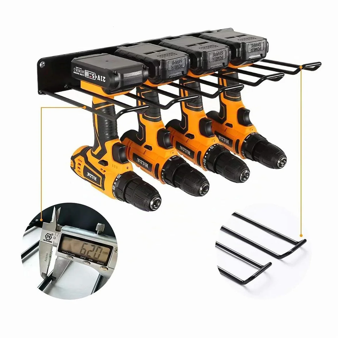 Organizador De Herramientas Eléctricas,Estante De Almacenamiento,Soporte De Pared Para 5 Herramientas De Taladro Eléctrico,Juego De Organizador De Pared De Metal Sólido Para Garaje,Hogar,Taller(Negro)