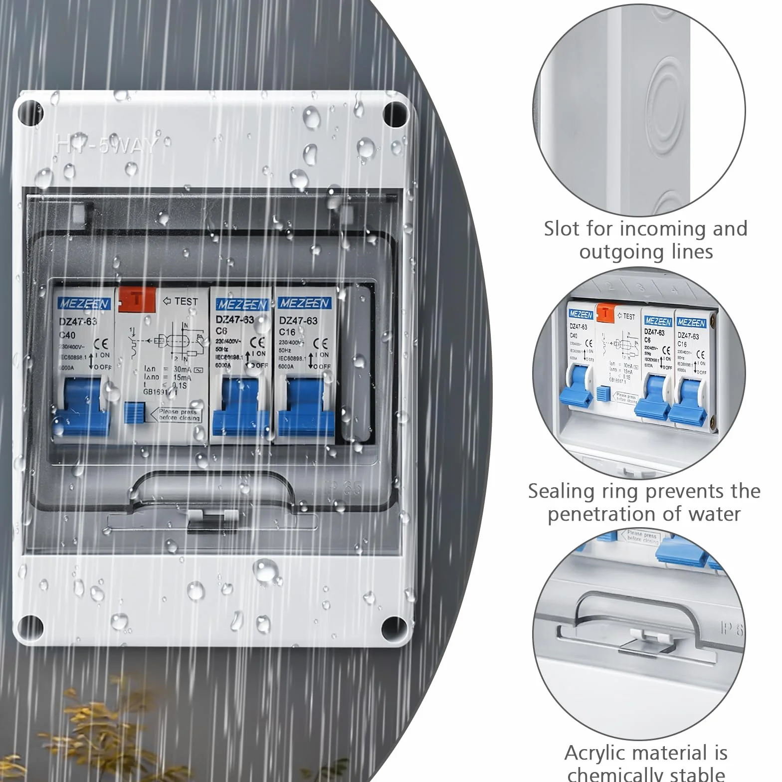 Caja de fusibles para montaje en superficie, IP65, subdistribución, con disyuntor, caja de distribución para jardín o exteriores, villas, columnas de carga