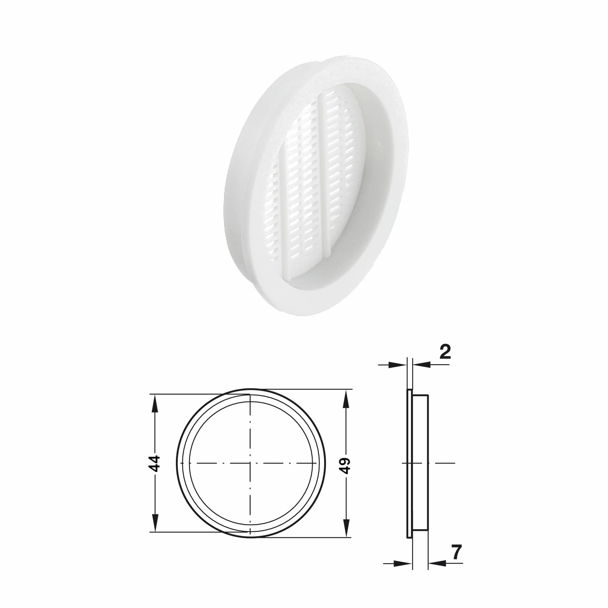 cyclingcolors 5x Rejilla de ventilación redonda 44 mm Diámetro total 49 mm de plástico Orificio Gabinete Armario Cocina, Blanco