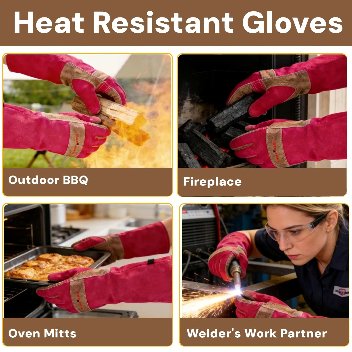 Guantes para barbacoa y soldadura de piel de vaca, de manga larga, guantes resistentes al fuego y al calor para chimenea, barbacoa, soldadura Tig Mig, chimenea, horno, horneado, estufa, rosa