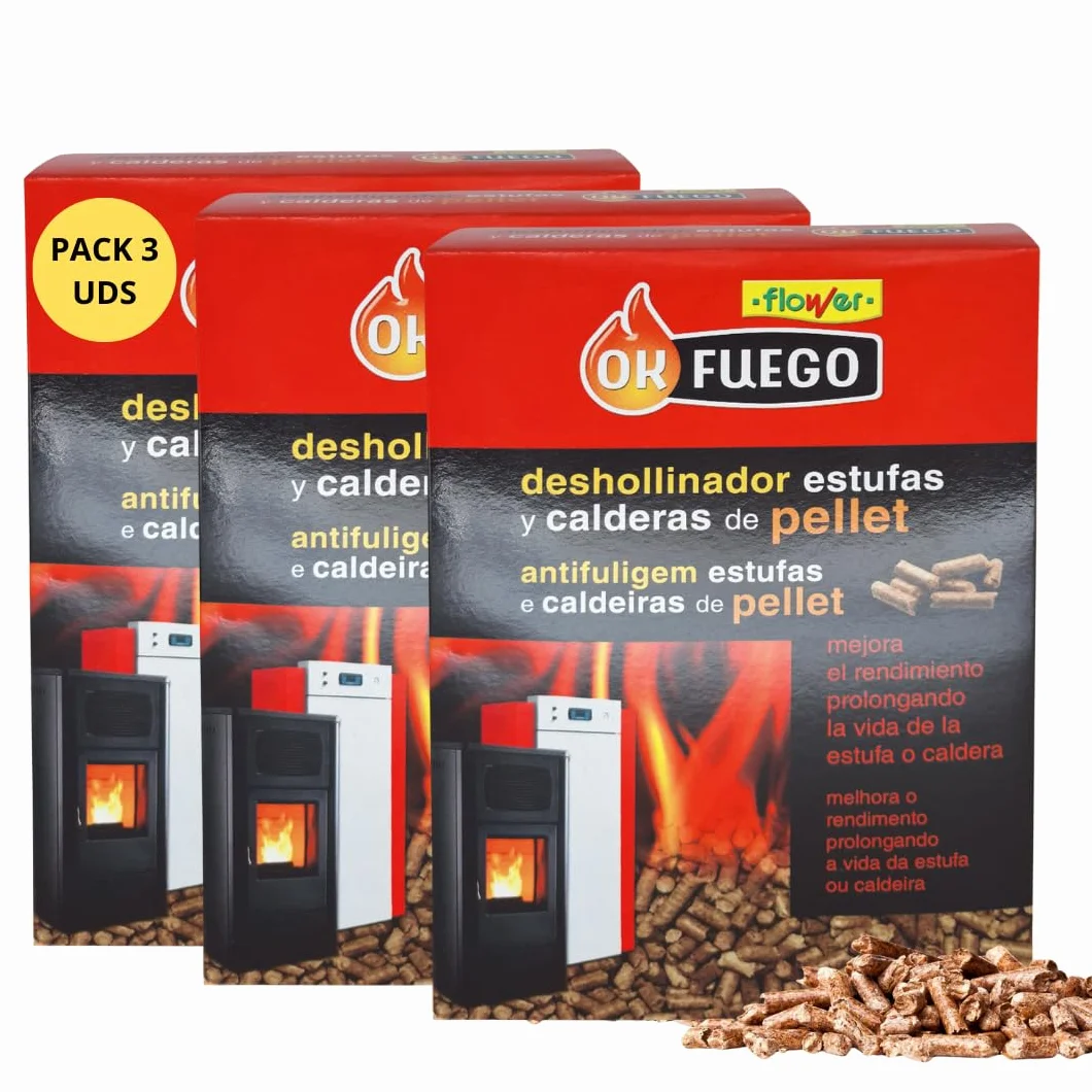 FLOWER Deshollinador Estufas y Calderas de Pellet 4,5 kg | Limpieza Hollín, Alquitrán y Polvo Chimena | Ahorro de Combustible y Mejora Rendimiento | Mayor Vida Útil Estufa