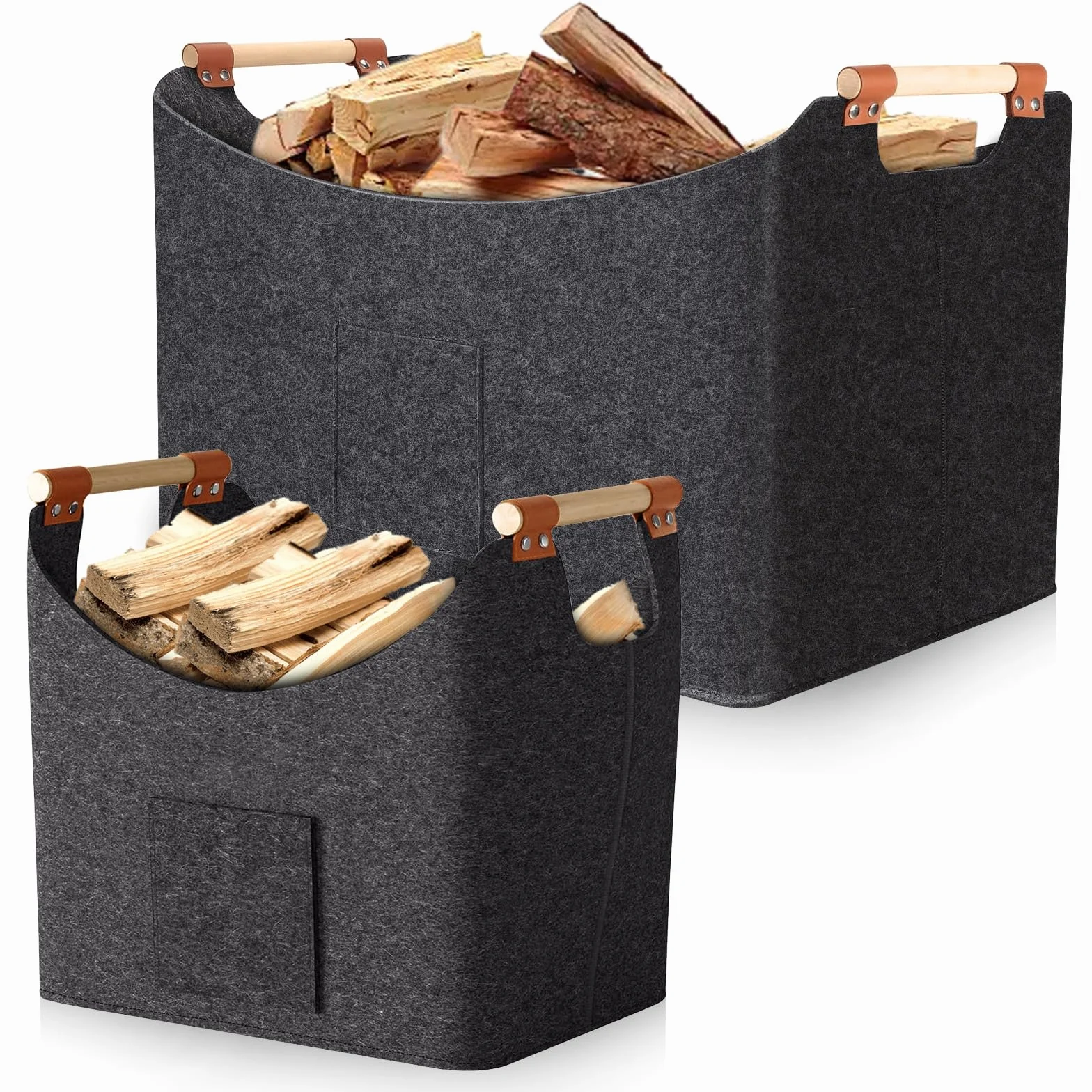 Cesta para Leña 2 Unidades 67L & 96L – Cestas de Fieltro con Asas, 50×32×40 cm & 60×40×40 cm, Bolsa Plegable para Chimenea, Madera, Juguetes o Mantas