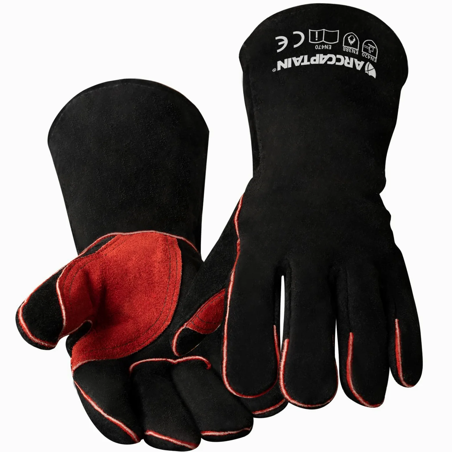 ARCCAPTAIN Guantes de Soldadura y Barbacoa,Cuero Resistente al Calor 350°C para Chimenea, Parrilla y Estufa, Guantesm Para Horno, Barbacoa, Guante de Manejo de Animales con Manga Extra Larga