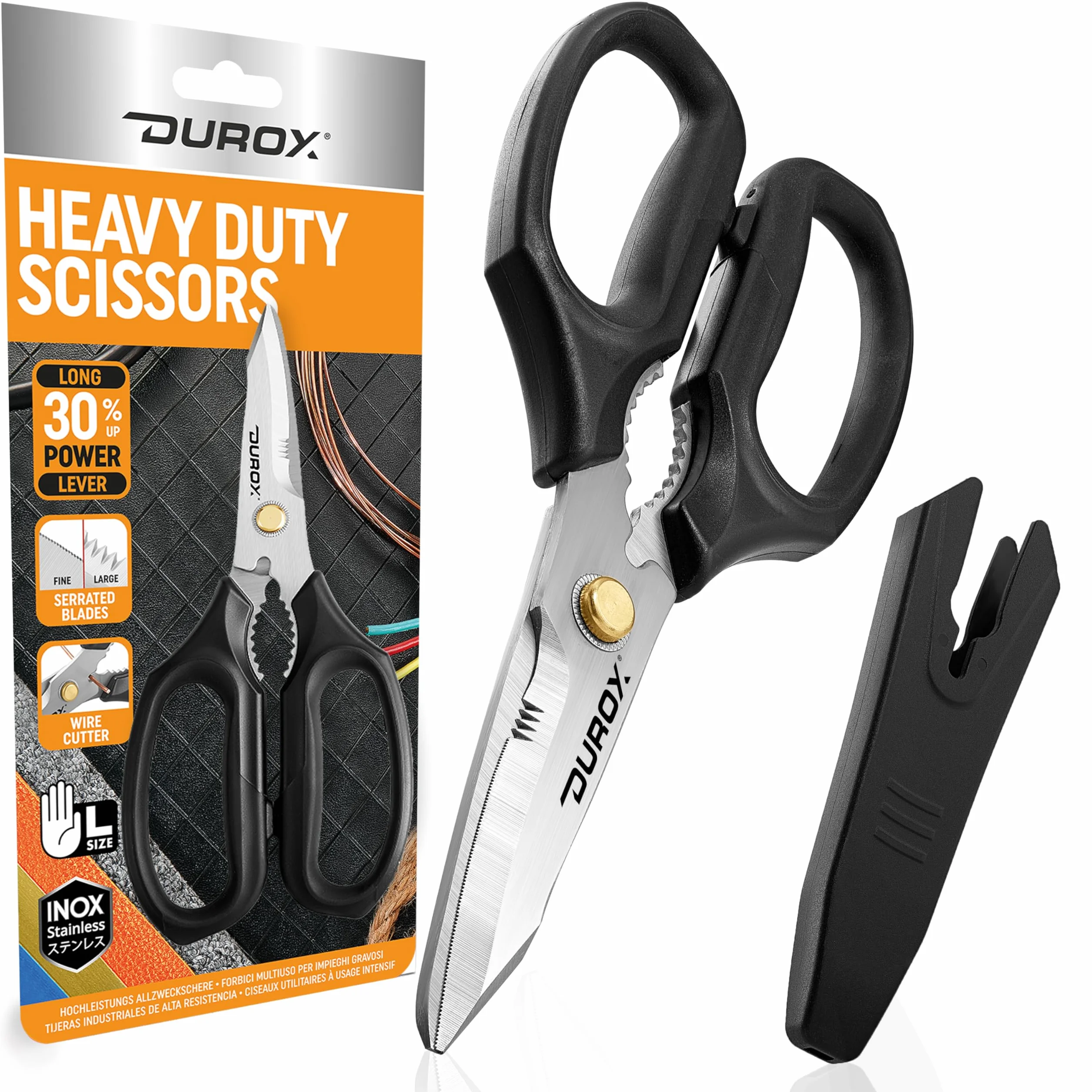 DUROX-Tijeras multiusos y universales en acero inoxidable con funda, ideales para bricolaje. Cortan cuero, cartón, goma, plástico, aluminio y alfombras. Resistentes y multifunción. Tijeras para todo