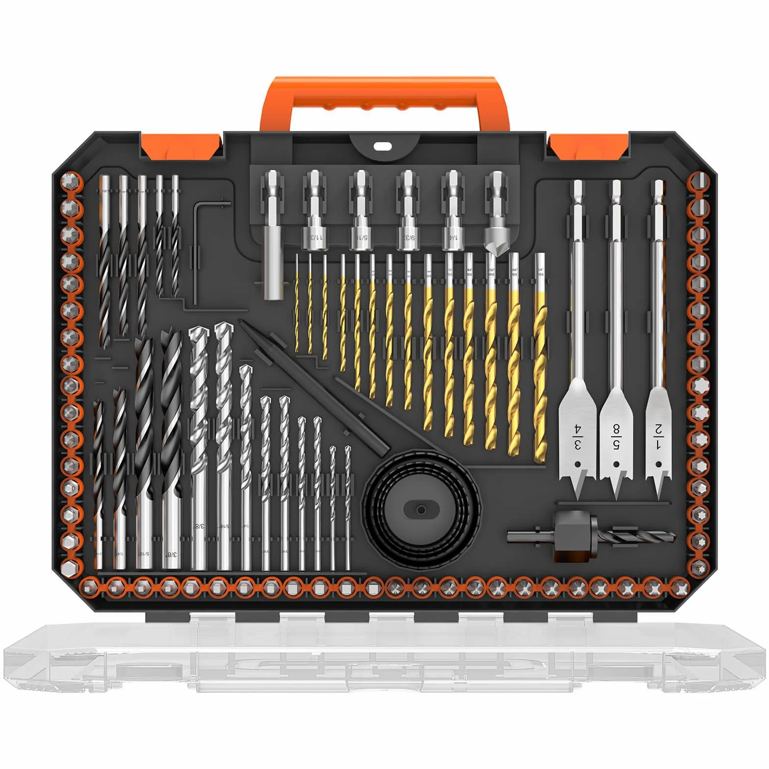 ENERTWIST Juego de 105 brocas de acero al carbono con revestimiento de titanio HSS, brocas para carpintería, sierras perforadoras y puntas de destornillador para madera, metal, cemento en estuche