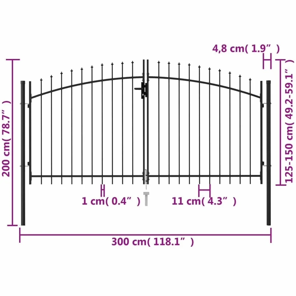 Refined Cancela de Valla Doble Puerta de Jardín Entada Vallado Exterior con Puntas de Acero Negro (3 x 1.5 m)