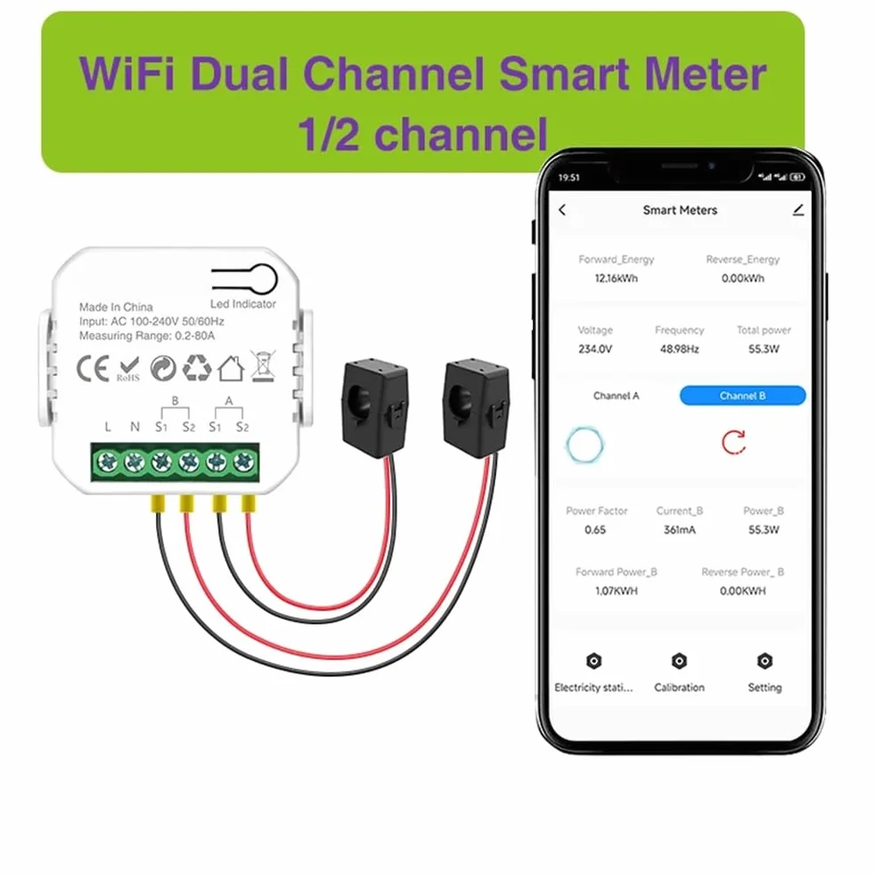 Medidor de Potencia Inteligente Tuya Wifi con Abrazadera para Transformador de Corriente, Medidor de Energía de 2 Canales 80A, Vatímetro para Hogar Inteligente