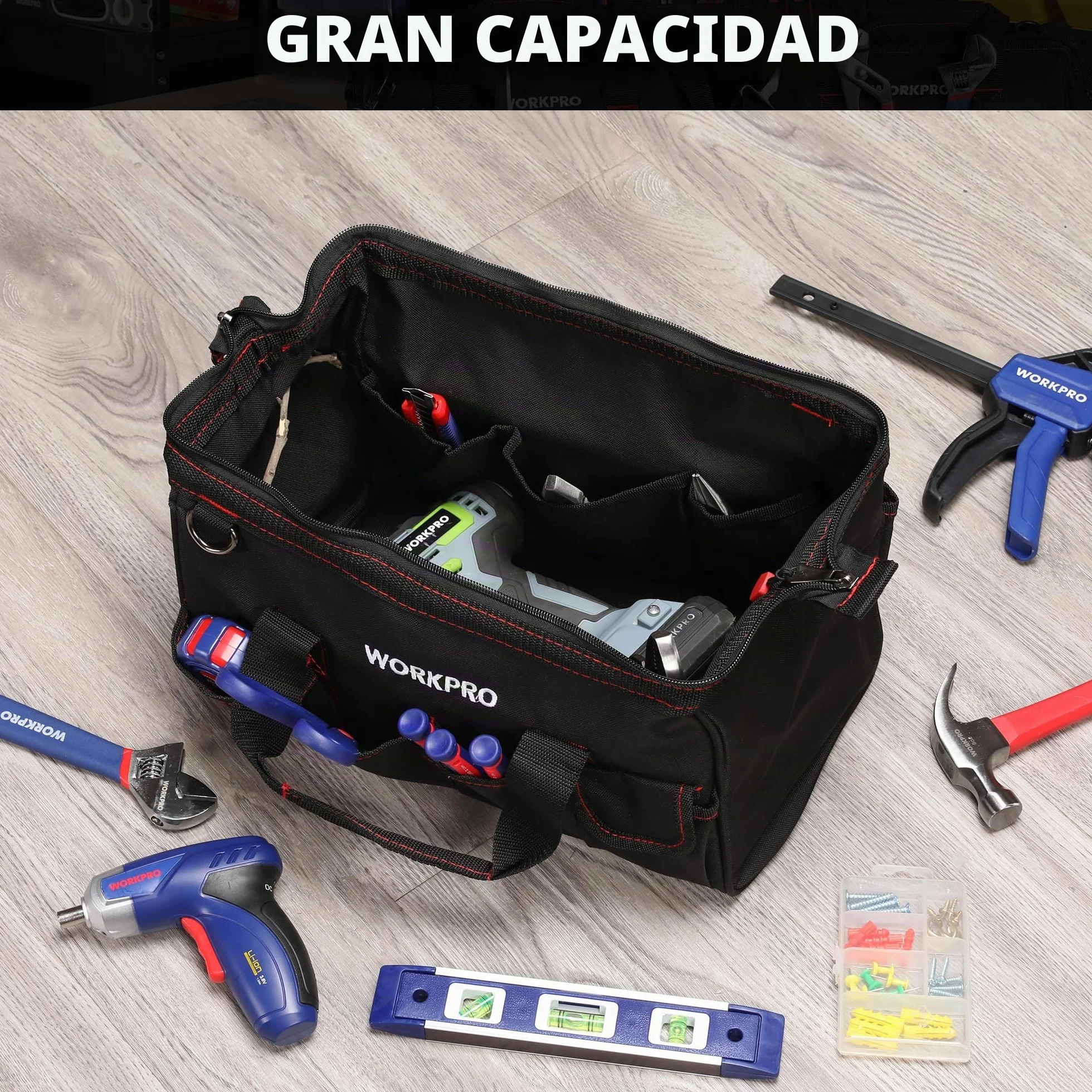 WORKPRO W081021A Bolsa de herramientas, bolsa de almacenamiento de boca ancha multiusos, 14 pulgadas, azul, negro