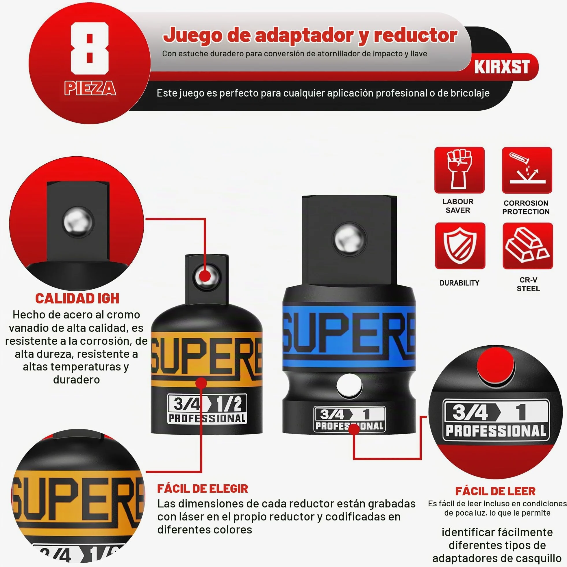 Juego de 8 Adaptadores de Vaso, Adaptadores para Llave de Vaso 1/4" 3/8" 1/2" 3/4" 1", Reductores de Vasos de Impacto para Reparaciones Mecánicas y Automoción