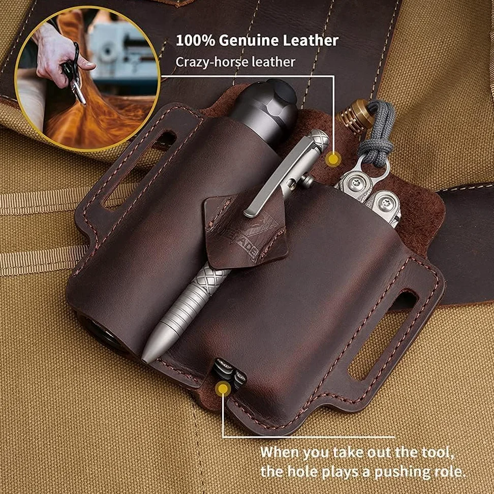 VIPERADE PJ19 Funda de piel EDC organizador de cuero táctico multiherramienta bolsa con llavero trabilla para cinturón, soporte para bolígrafo para linterna, herramientas, camping al aire libre