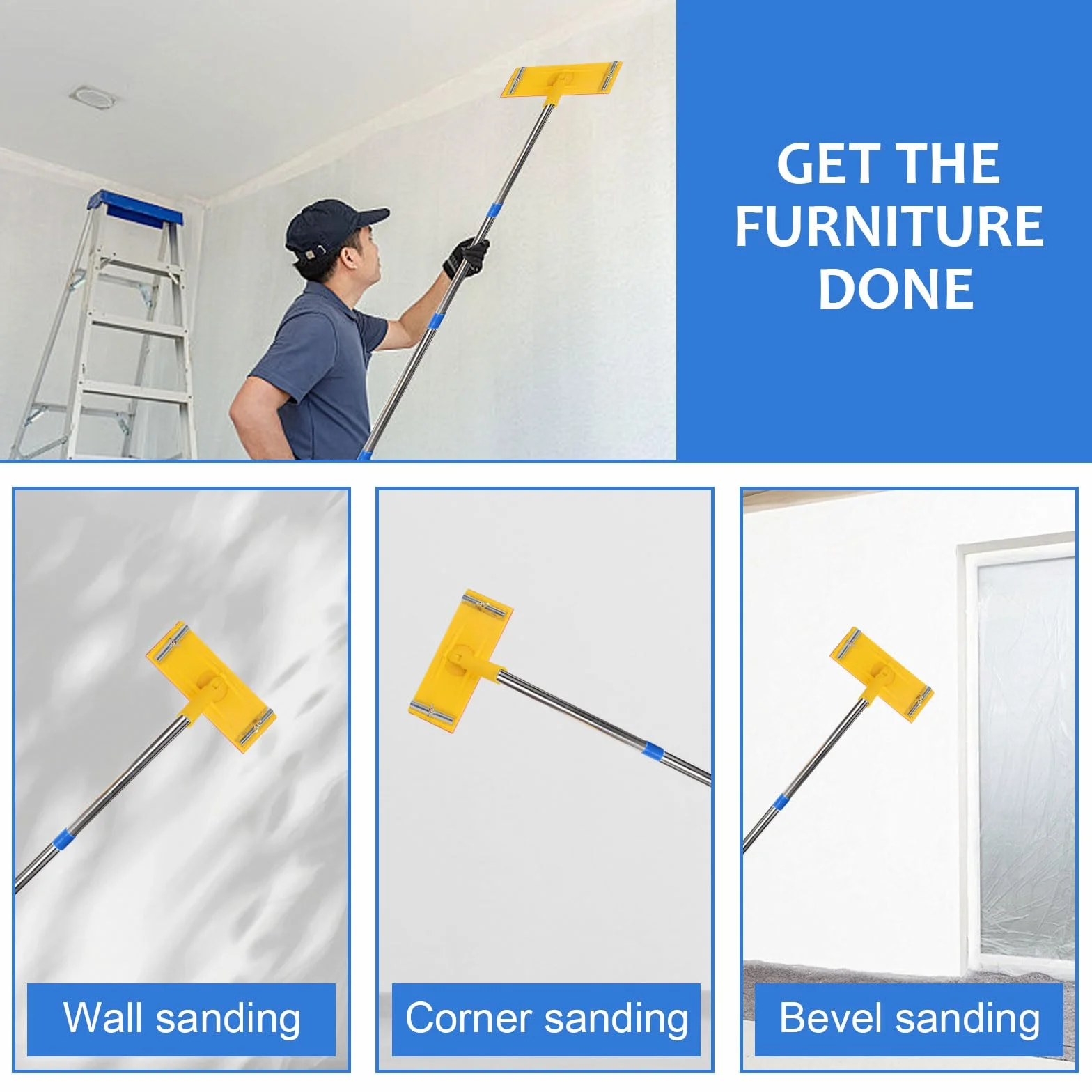 Cabezal de lijadora de poste giratorio resistente, lijado de pared y techo con poste de extensión y 5 piezas de papel de lija, para un lijado rápido y productivo de pisos, pared y techo