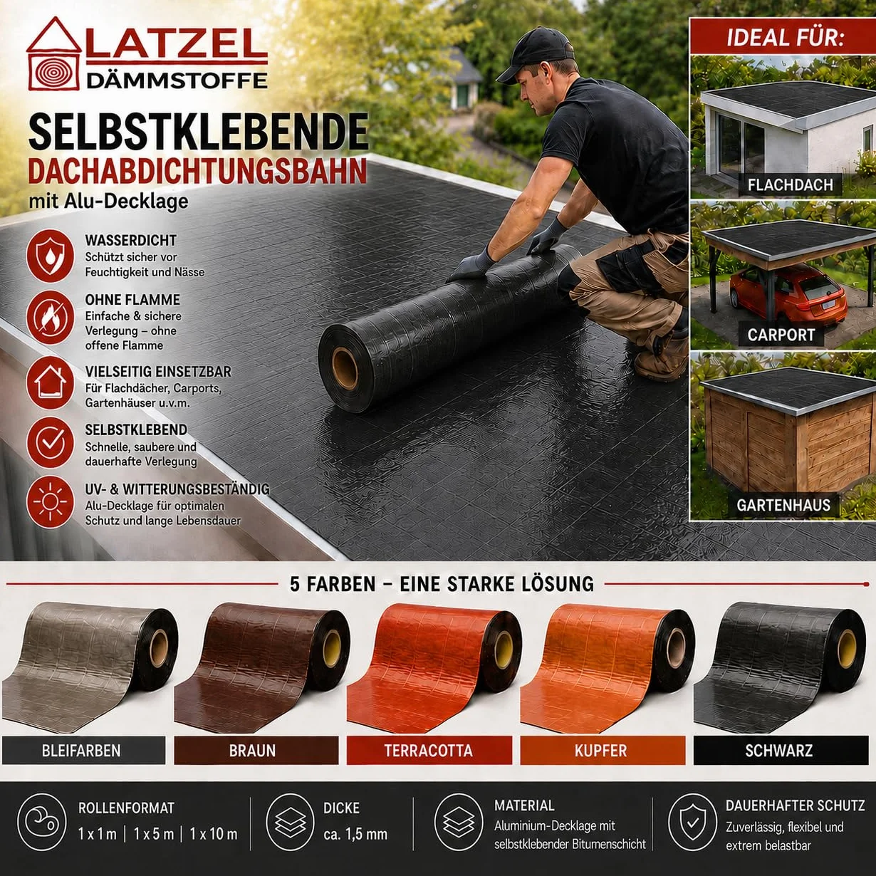 Banda autoadhesiva para impermeabilización de techos, corte 1 m - 1 m² Negro – Banda para tejado de betún con capa superior de aluminio – impermeabilización de techo sin llama – para cobertizo, casa