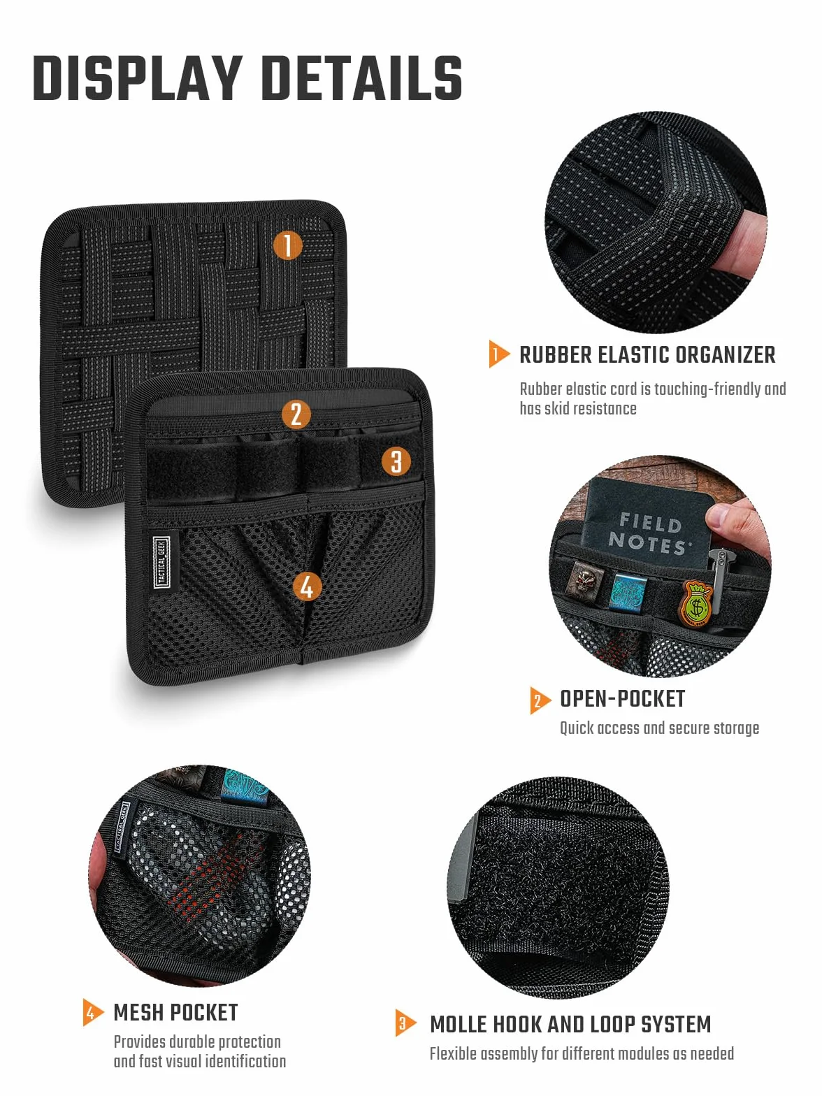 TACTICAL_GEEK TCM8 - Tablero organizador EDC, tablero tejido elástico antideslizante, panel de inserción de bolsa de utilidad para equipo pequeño, accesorios de mochila con bolsillo abierto y bolsillo