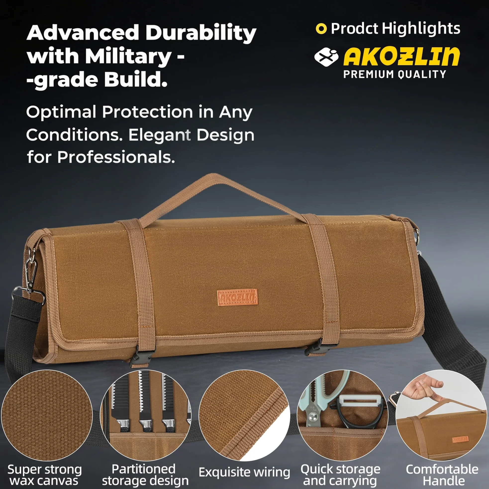 AKOZLIN Bolso de Cuchillo para Cocineros,marrón,10 hendiduras | tela de vela crecida,1 grande bolsillo de cierre, cinturón ajustable,30 gorros de protección de cuchillo,portátil