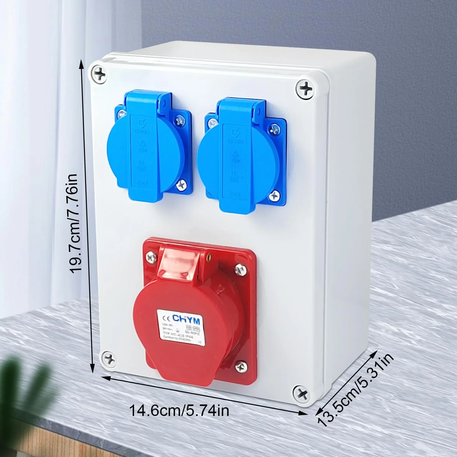 Distribuidor de Corriente 16A 5P, 220V Enchufe Pared Cuadro Electrico, Caja Eléctrica con Toma Exterior Impermeable IP44, para Interior/Exterior, Talleres y Fábricas