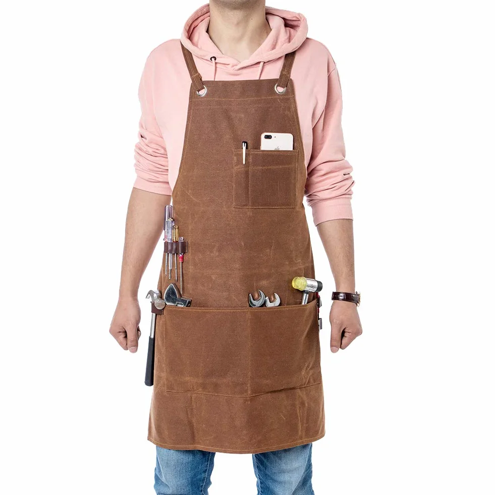 Delantal de trabajo para hombre de trabajo, resistente, lona encerada, ajustable, con 3 bolsillos grandes para ingenieros, carpintero, manualidades, cocina, jardín, cerámica, taller de artesanía