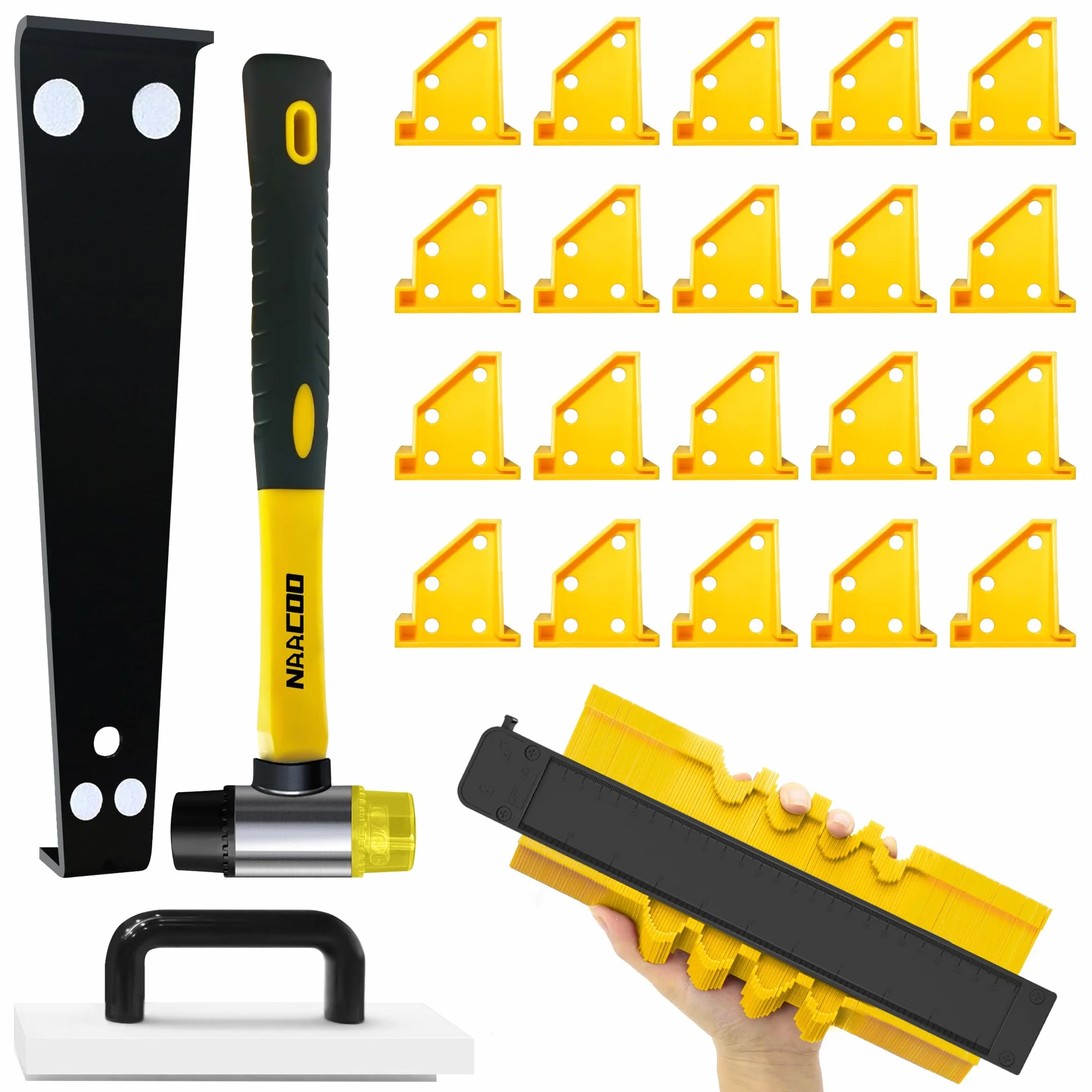 Zozen Herramientas para pisos laminados, kit de instalación de pisos, herramientas profesionales para vinilo: bloque golpeteo con mango, medidor contorno 10 ", barra tracción, espaciado.