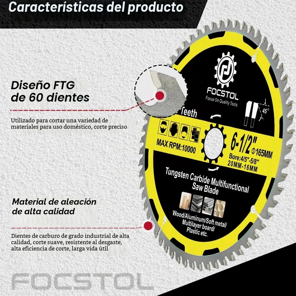 FOCSTOL Hoja Sierra Circular para Madera 165mm x 20/16mm - Disco para Corte Madera con 60 Dientes Para Plástico Aluminio Cobre