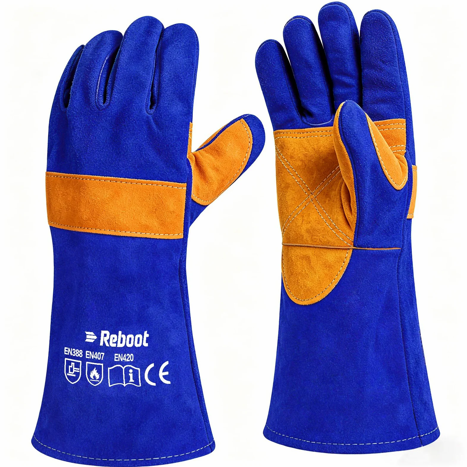 Reboot Guantes de Soldadura, Cuero Resistente 500°C, Protección Antebrazo 38 cm, Costuras Dobles Reforzadas para MIG TIG Electrodo Barbacoa Forja – Azul