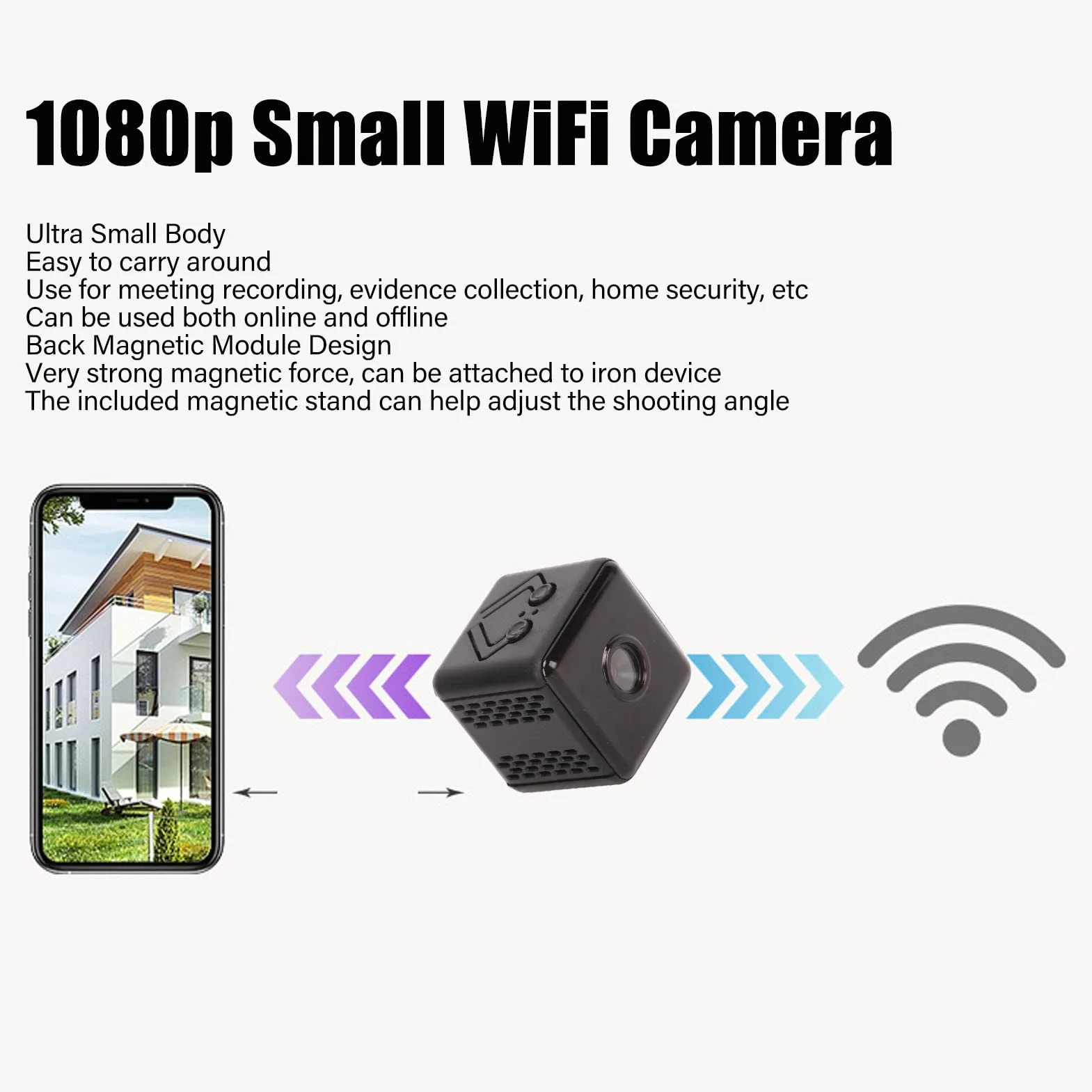 Mini Cámara Inalámbrica, Cámara de Seguridad para Interiores con Visión Nocturna de 1080p, Grabación en Bucle de Detección de Movimiento, Cámara WiFi Pequeña para Interiores y