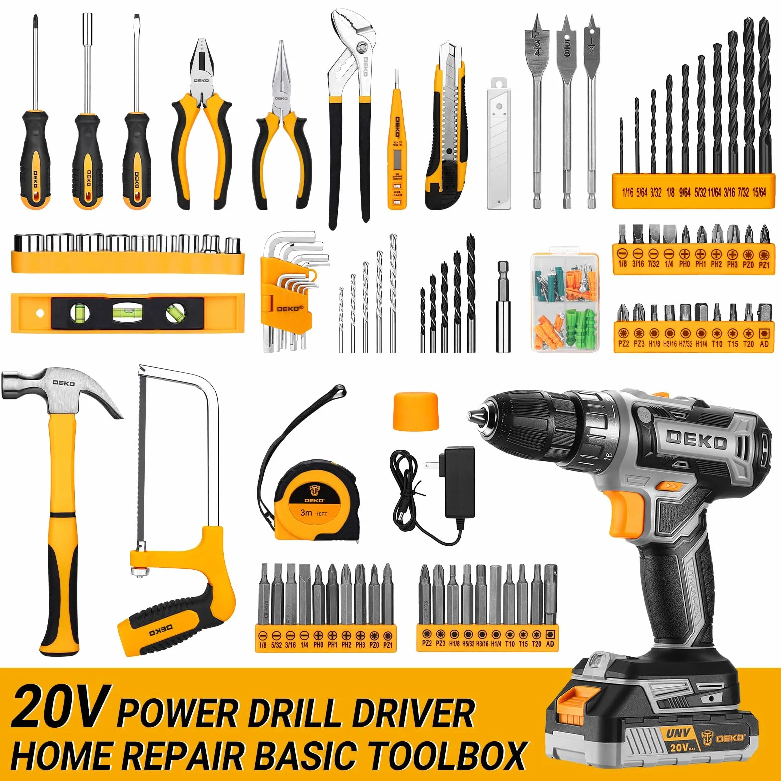 DEKO Caja Herramientas Completa con Destornillador Electrico/Taladro con bateria de 20V, Maletin de 186 Piezas, Caja profesional de herramientas Domésticas de Bricolaje para Oficinas y Jardín