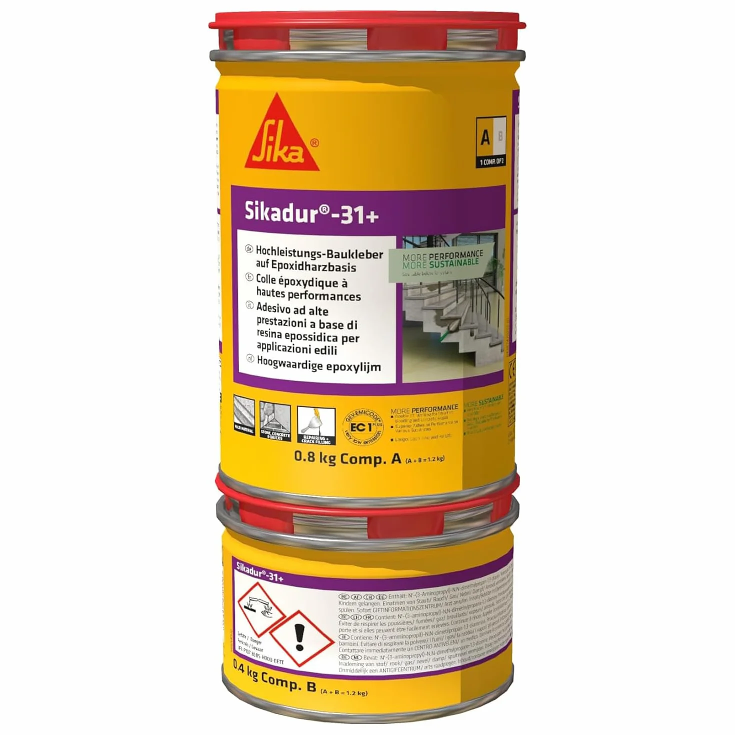 Sikadur-31+, Resina epoxi de dos componentes multiuso, Adhesivo estructural y mortero de reparación, relleno de juntas y sellado de fisuras, Gris, 1.2 kg