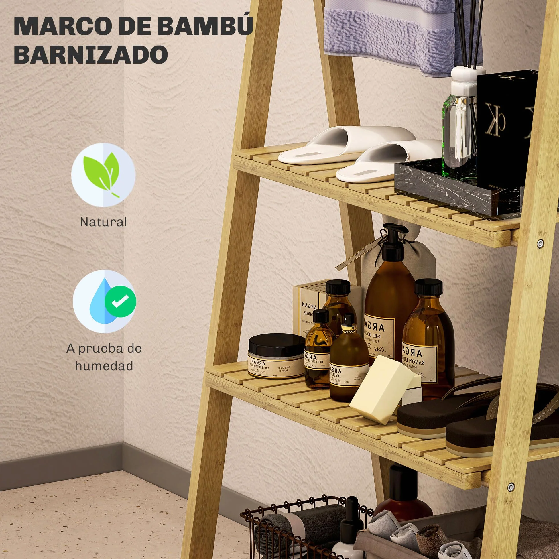 HOMCOM Estantería de Baño de Bambú con 3 Estantes 53,5x30x153 cm Natural | Estantería de Almacenaje, Plegable, con Barras, en Forma de A