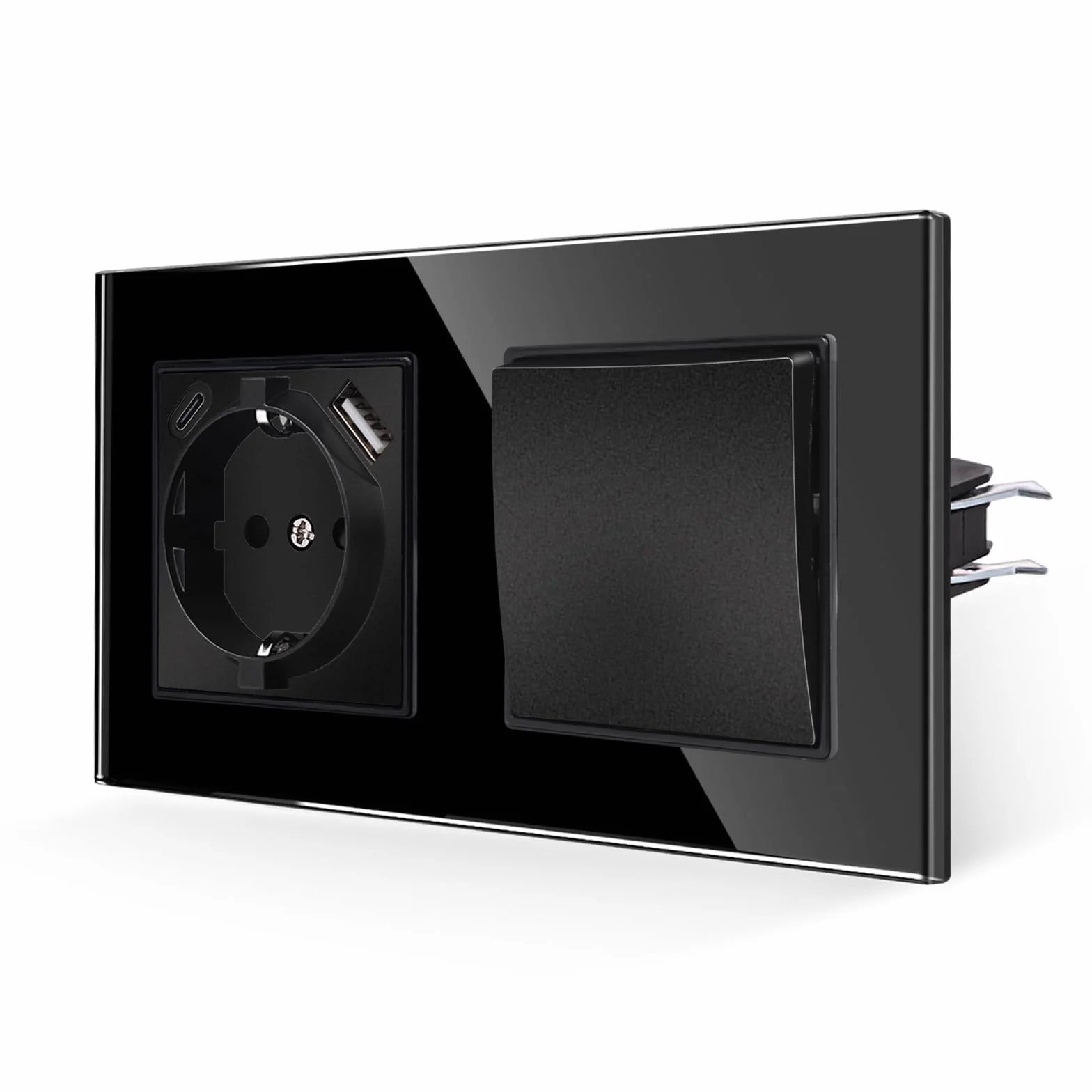 JIMEIDA Interruptor de luz con toma de corriente en negro, 16 A, toma de cristal con carga rápida USB y puerto tipo C, toma de corriente de pared empotrable, 157 x 86 mm, 250 V