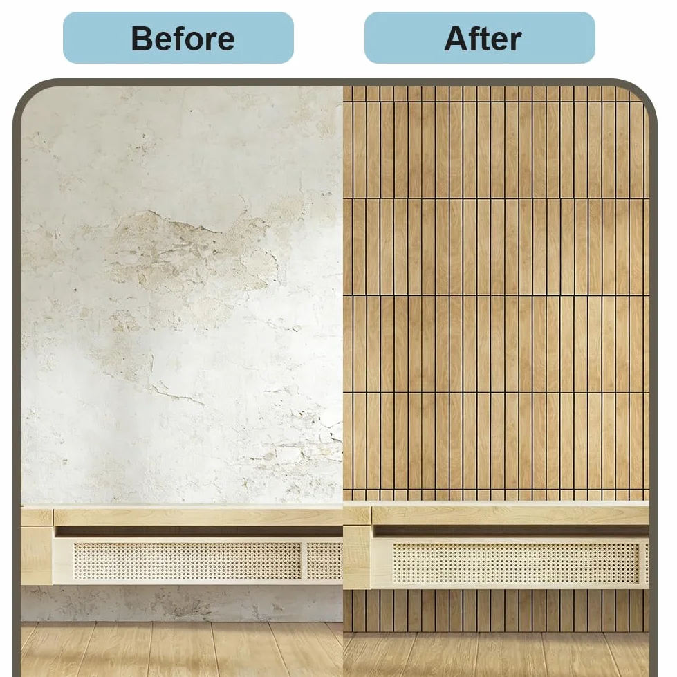 LOMUG Paneles de pared autoadhesivos con aspecto de listones de madera, 30 x 30 cm, paneles decorativos de pared de PVC, absorbentes de sonido, para salón y dormitorio, paquete de 12 unidades (AC-009)